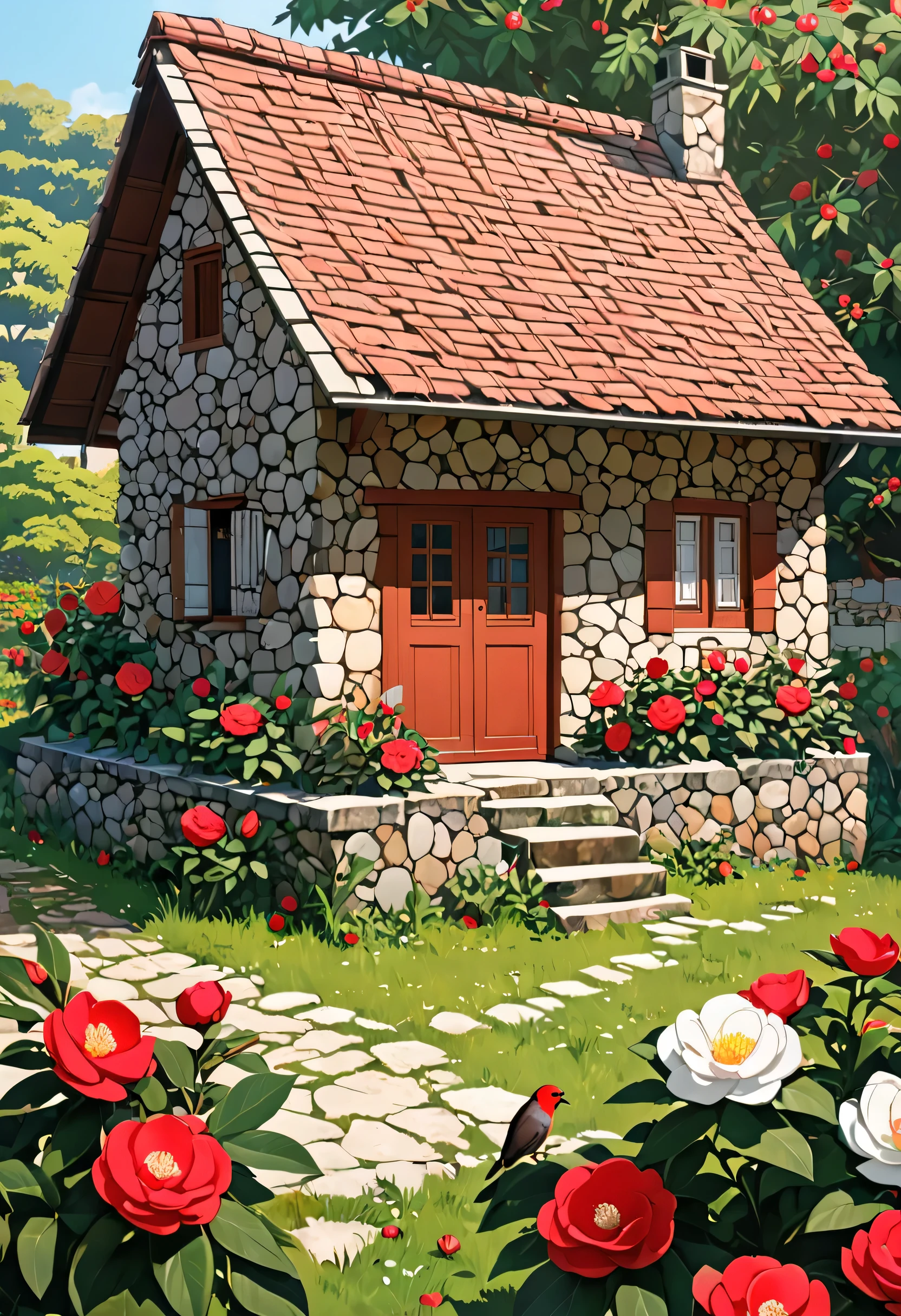 1 simple two-room stone house for a humble poor person , antiga,in the middle of a garden with red and white camellias ,de todas as cores ,Swiss style, arte de qualidade, 8k ,sozinha, ao amanhecer ,sol brilhante, birds octane , dia, sentado, tree