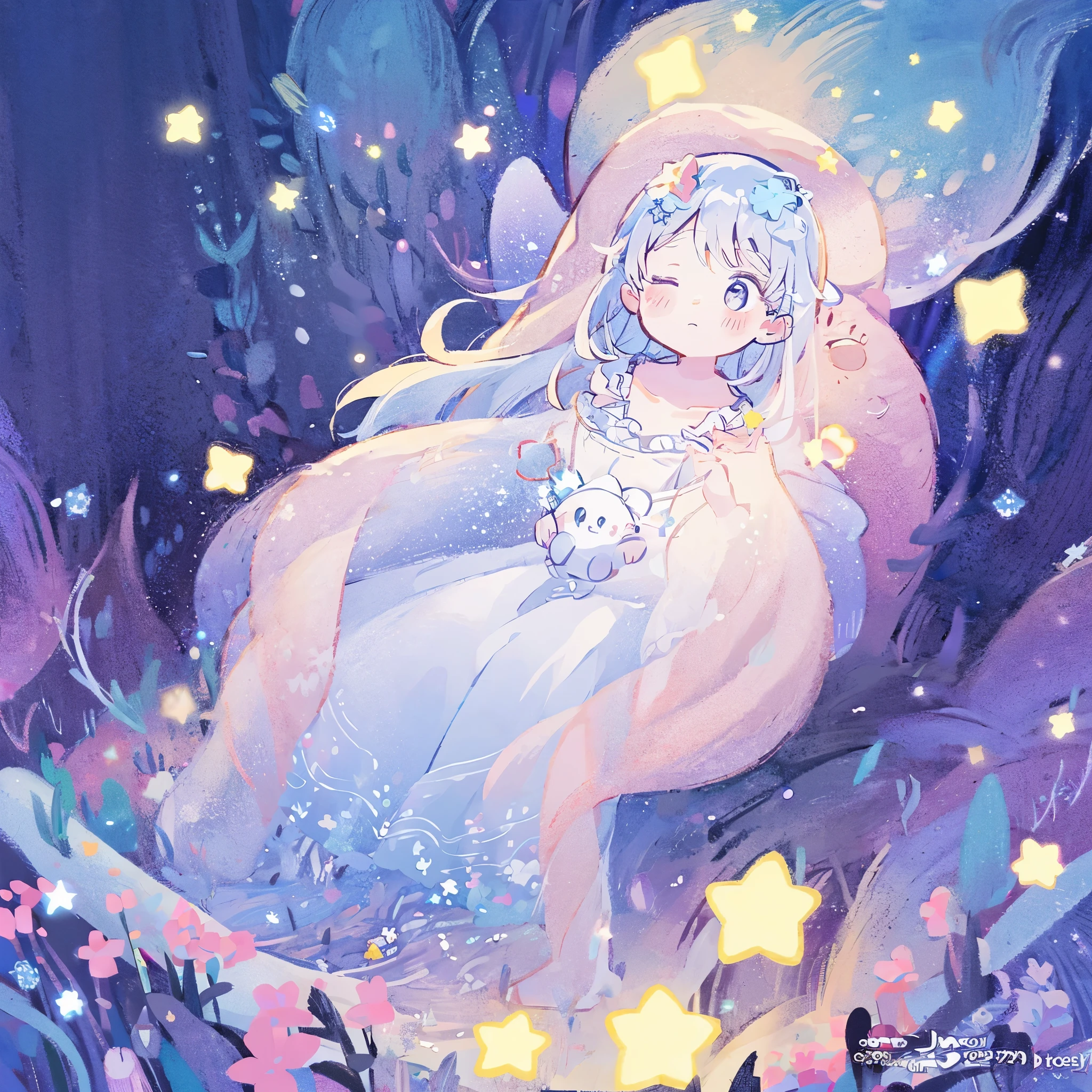 complex background, wishing star background, a woman wearing an ethereal mystical pink translucent dress that reflects the stars, perfume promo art, mystic, complex drawing, highly detailed, Covergirl brand, promo art, artistic rendition, ethereal, starry night, midjourney style