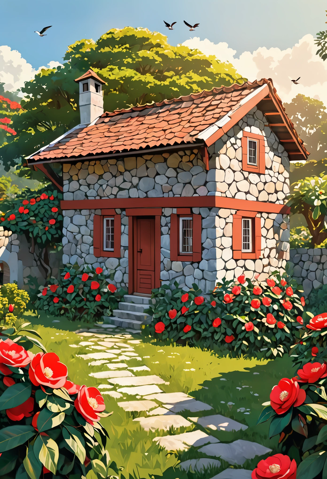 1 simple two-room stone house for a humble poor person , antiga,in the middle of a garden with red and white camellias ,de todas as cores ,Swiss style, arte de qualidade, 8k ,sozinha, ao amanhecer ,sol brilhante, birds octane , dia, sentado, tree