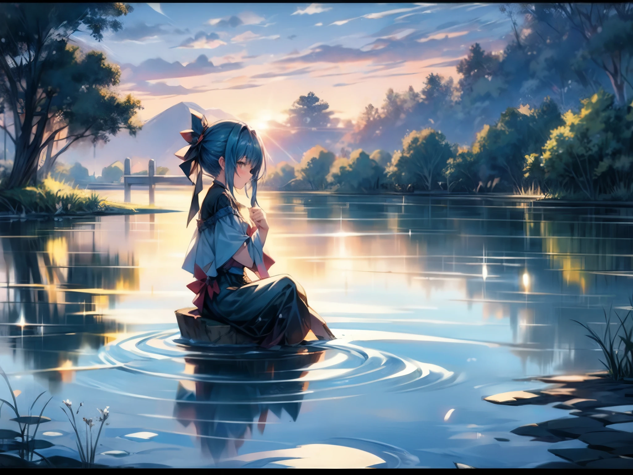 pond at dusk、girl sitting by the pond、Sad look、sunset