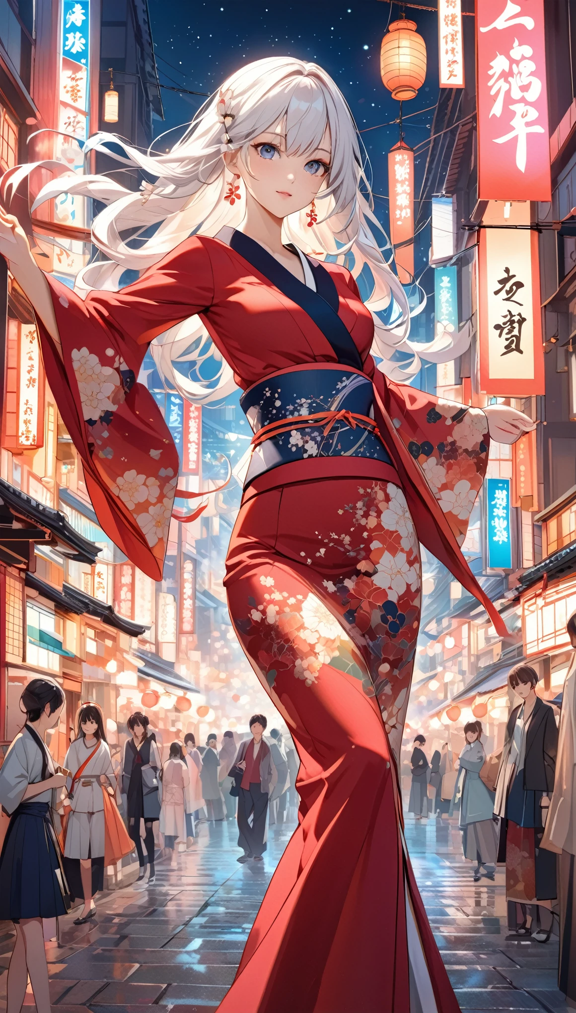 Illustrate a new portrayal of an anime girl with an immaculate hourglass figure, white hair, and brown Japanese skin, presenting herself in another unique, dynamic pose. She is adorned in a kimono, which is elegantly designed to accentuate her curves and golden ratio physique. The kimono is detailed with a pattern that signifies growth and progress, adding layers of depth to her character. Her eyes are a focal point, rendered in exceptional detail to convey depth, intelligence, and emotion. The backdrop is an intricately detailed night scene of a Japanese city, vibrant with the energy and lights of urban life. This masterpiece should encapsulate the entire scene, focusing on the anime girl's beauty, the complexity of her attire, and the bustling city environment. The image is crafted to celebrate the fusion of traditional beauty and modern dynamism, showcasing the anime girl in a fresh and vibrant pose against the nocturnal backdrop of Japan.