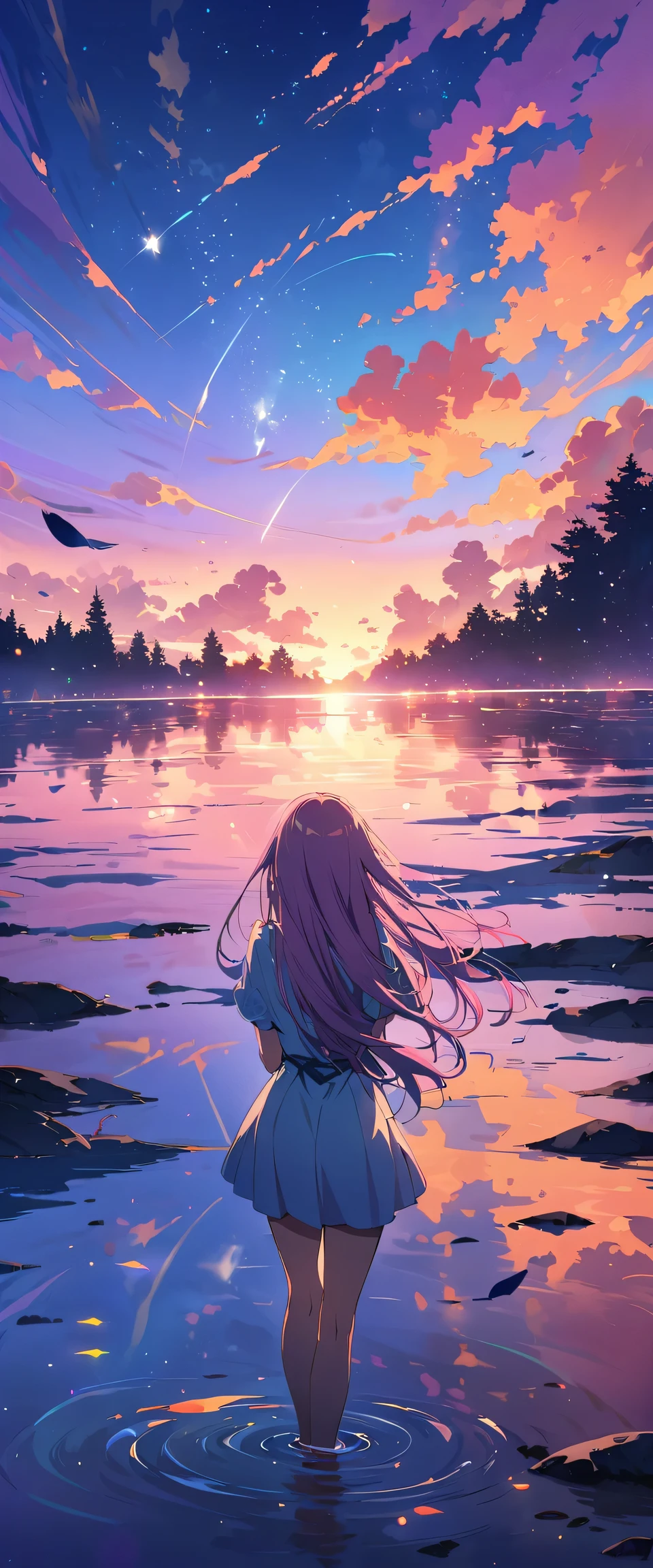 official art, unified 8k wallpaper, super detailed,  masterpiece, Best image quality，super wide angle，evening，a woman，Standing in the pond，water is like a mirror，reflecting the sky。look up to the sky，Colorful sunset，Dynamic angle, grace, bright colors,