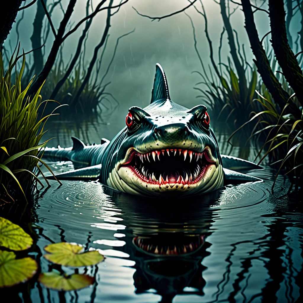 (best quality,4k,highres,masterpiece:1.2),ultra-detailed,realistic photo-realistic:1.37,creepy monsters,stalk,shores,evening pond,hunting rodents,eat,brightly colored,textured,ominous lighting,horror,reflection,shadow,scaly skin,enormous shark fins,frog-like features,sharp teeth,piercing eyes,intense facial expressions,overgrown vegetation,rippling water surface,misty fog,murky atmosphere,ominous presence,ominous atmosphere,unsettling silence,motion blur,claustrophobic,unsettling ambiance,menacing vibes,horrifying creatures,predatory instincts,haunting presence,nighttime scene,unearthly creatures,unnatural proportions,dark energy,spooky ambiance,macabre setting,otherworldly beings