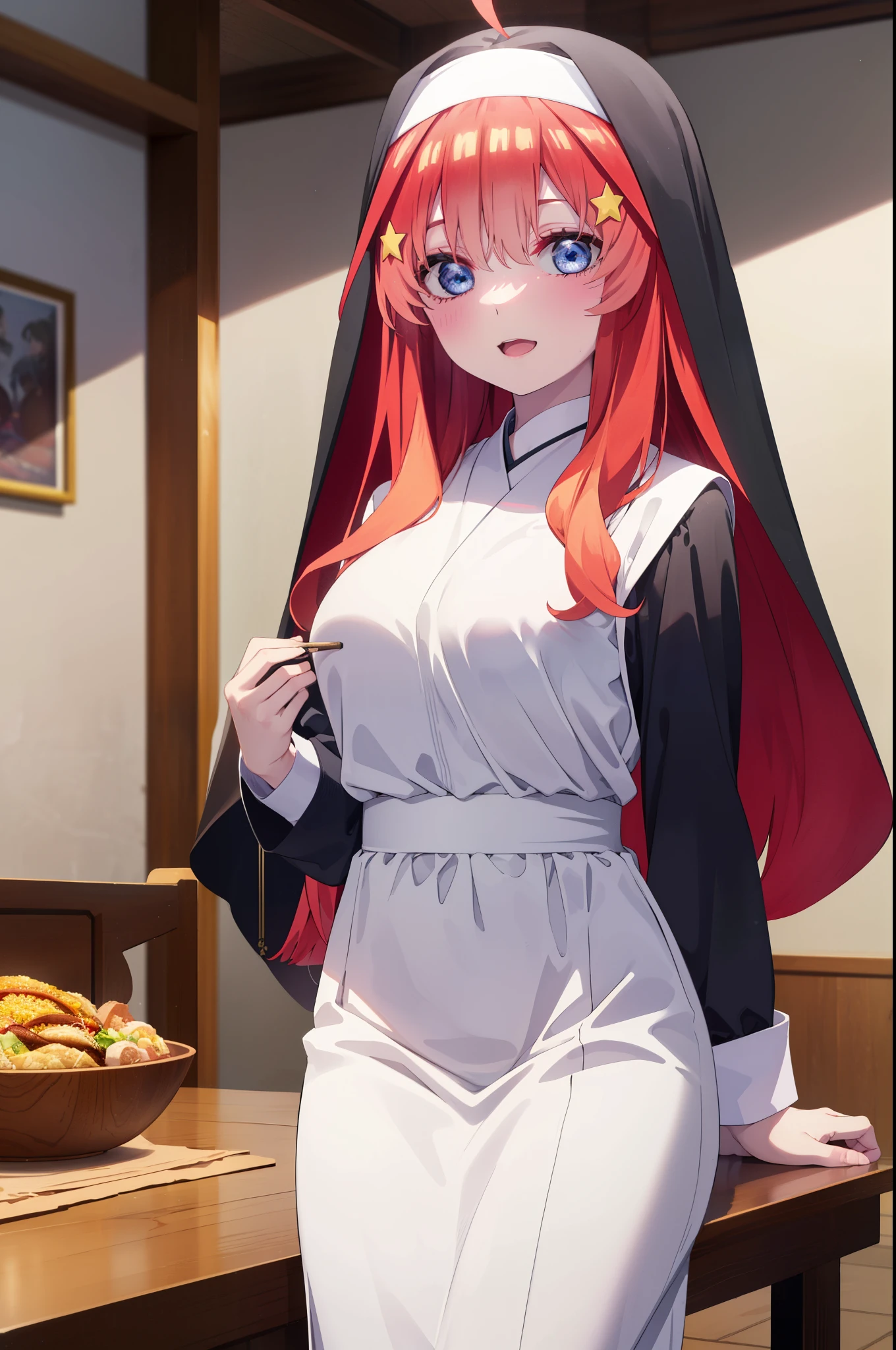 itsukinakano, itsuki nakano, bangs, blue eyes, hair between eyes, Ahoge, redhead,long hair, star \(symbol\), hair ornaments, star hair ornaments,smile,open your mouth,break habit, long sleeve, nun, robe, white robe, wide sleeve,There is a large katsudon on the table.,sitting in a chair,
break indoors, canteen,
break looking at viewer, (cowboy shot:1.5),
break (masterpiece:1.2), highest quality, High resolution, unity 8k wallpaper, (figure:0.8), (detailed and beautiful eyes:1.6), highly detailed face, perfect lighting, Very detailed CG, (perfect hands, perfect anatomy),