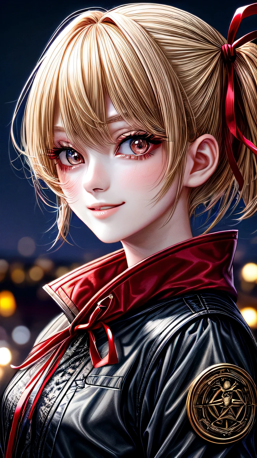 high quality, 最high quality, masterpiece, disorganized, red_Jacket, ribbon, black_eye, blonde_hair, short_hair, hair_ribbon, smile, 1 girl, torn clothes, Cloth, Dense and beautiful black eyes, beautiful detailed lips, Highly detailed eyes and face, long eyelashes, detailed face, masterpiece, 最high quality, high quality, High resolution, (moonlit night background), Click here for eye line、(((Portrait)))