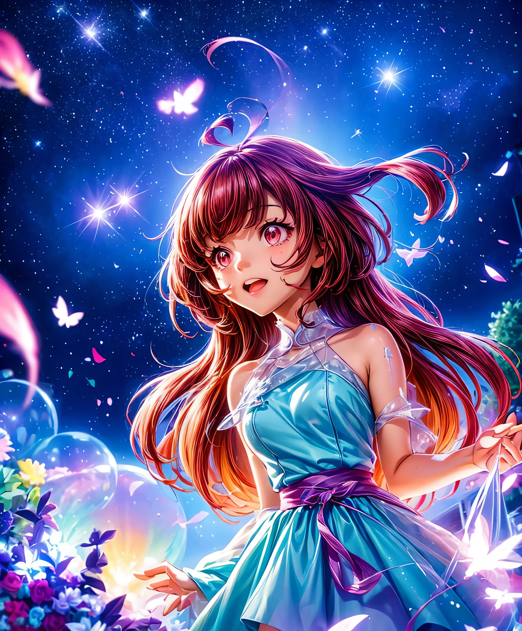 Describe a scene where a cute girl character is lying on a grassy hill, Looking up at the starry sky. Surround her with colorful nebulae and her favorite constellations.