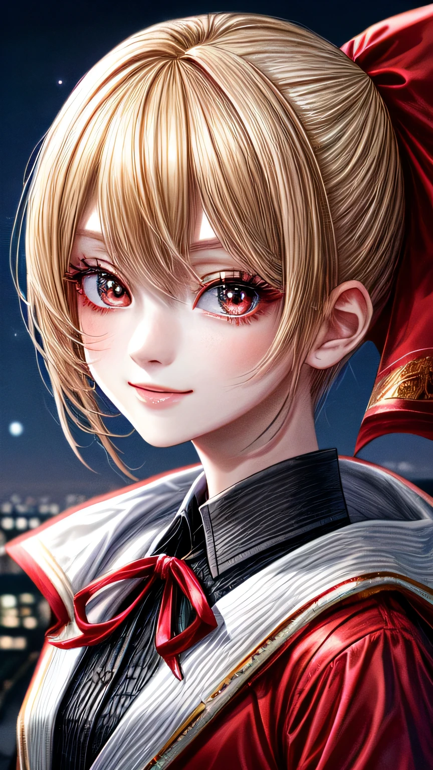 high quality, 最high quality, masterpiece, disorganized, red_Jacket, ribbon, black_eye, blonde_hair, short_hair, hair_ribbon, smile, 1 girl, torn clothes, Cloth,  Dense and beautiful black eyes, beautiful detailed lips, Highly detailed eyes and face, long eyelashes, detailed face, masterpiece, 最high quality, high quality, High resolution, (moonlit night background), Click here for eye line、(((Portrait)))