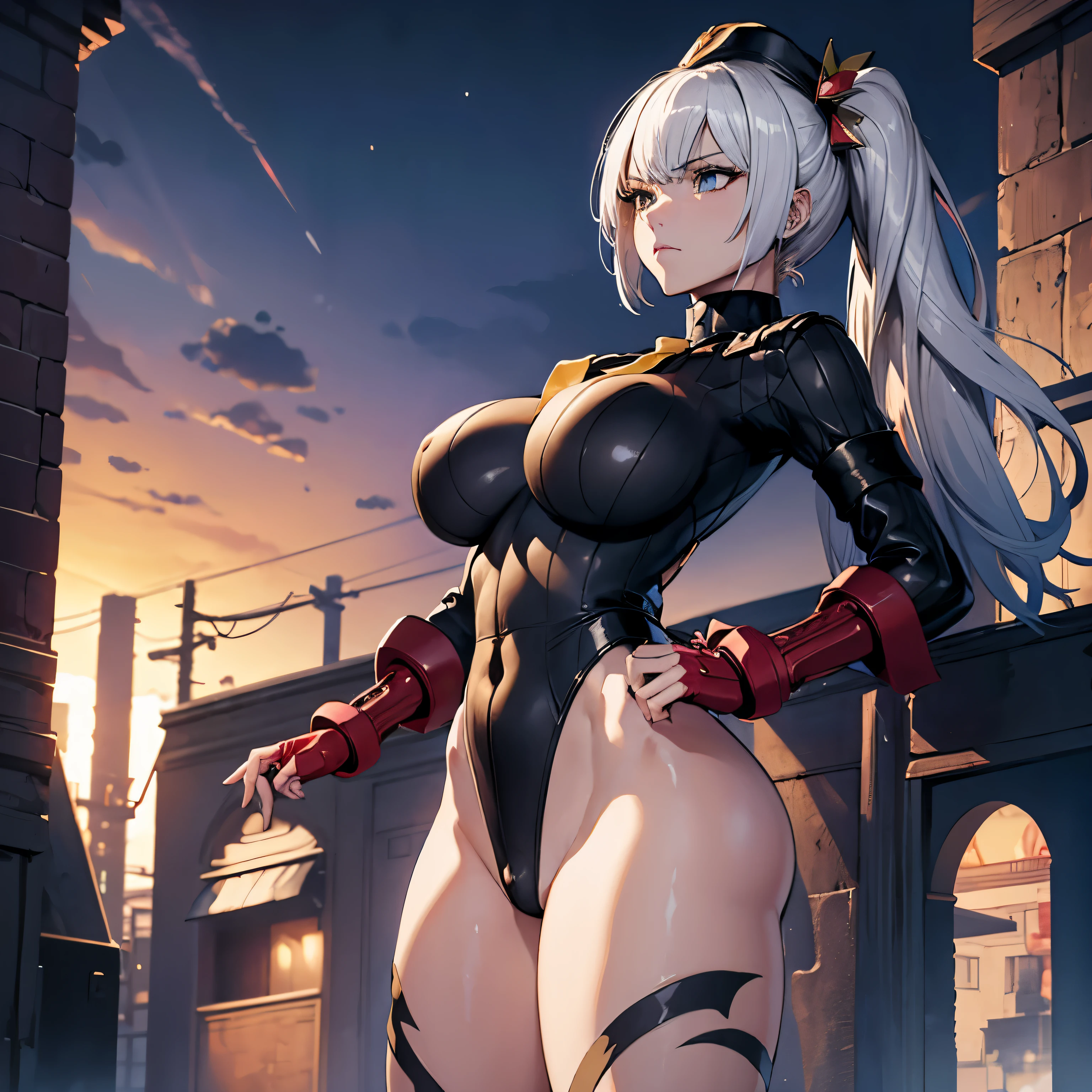 ultra-detailed, Explicit, Beautiful body, Beautiful Nose, Beautiful character design, perfect eyes, perfect face, ultra highres, 4K, beautiful legs, perfect legs, Nice hands, Perfect hand, Masterpiece, Best Quality, Highly detailed, illustration, absurdres, perfect anatomy, street fighter, doll suit, shadaloo doll, dollsuit, expressionless, blank eyes, looking at viewer, red gloves, emotionless, black latex, corruption, mind control, female combatant, full body, hypnotized, unhappy trance, full body suit, ribbed bodysuit, both arms at side, obey, perfect female body, extremely glossy latex, hypnosis, hypnoLora, empty eyes, Mind control device, poses, submissive_pose, Slave, standing straight, standing, standing at attention, hat, necktie, belt, latex, ribbed bodysuit, thigh Highs, garter belt, Fighting Stance, extending the right arm from the shoulder into the air with a straightened hand, military, thigh boots, black pantyhose, (((pixel-perfect, detail-perfect))), solo, 1girl, hair ornaments, long hair, white hair, yellow eye, pale skin, MARIE ALTER, side ponytail, grey hair, huge breast