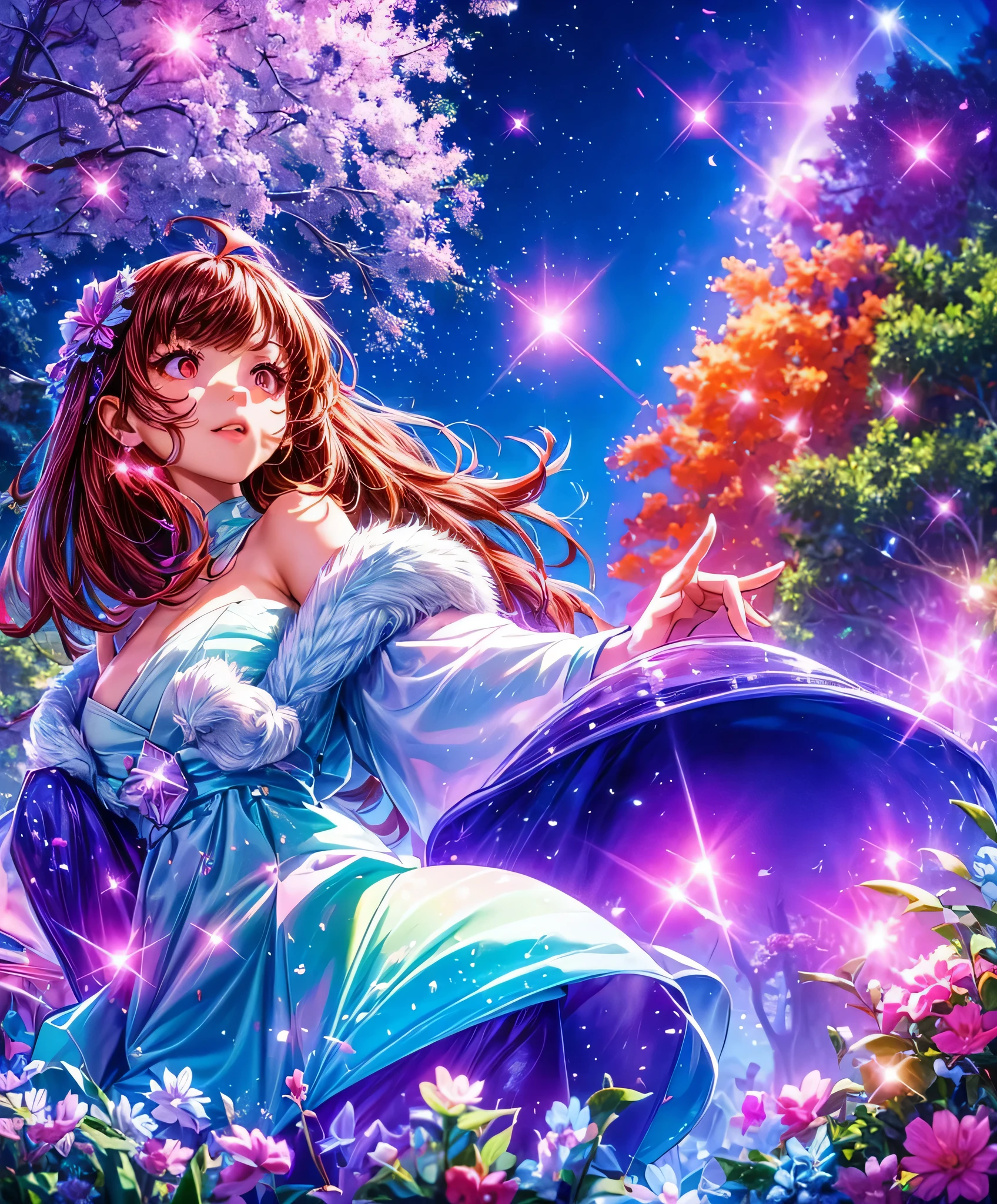 Describe a scene where a cute girl character is lying on a grassy hill, Looking up at the starry sky. Surround her with colorful nebulae and her favorite constellations.