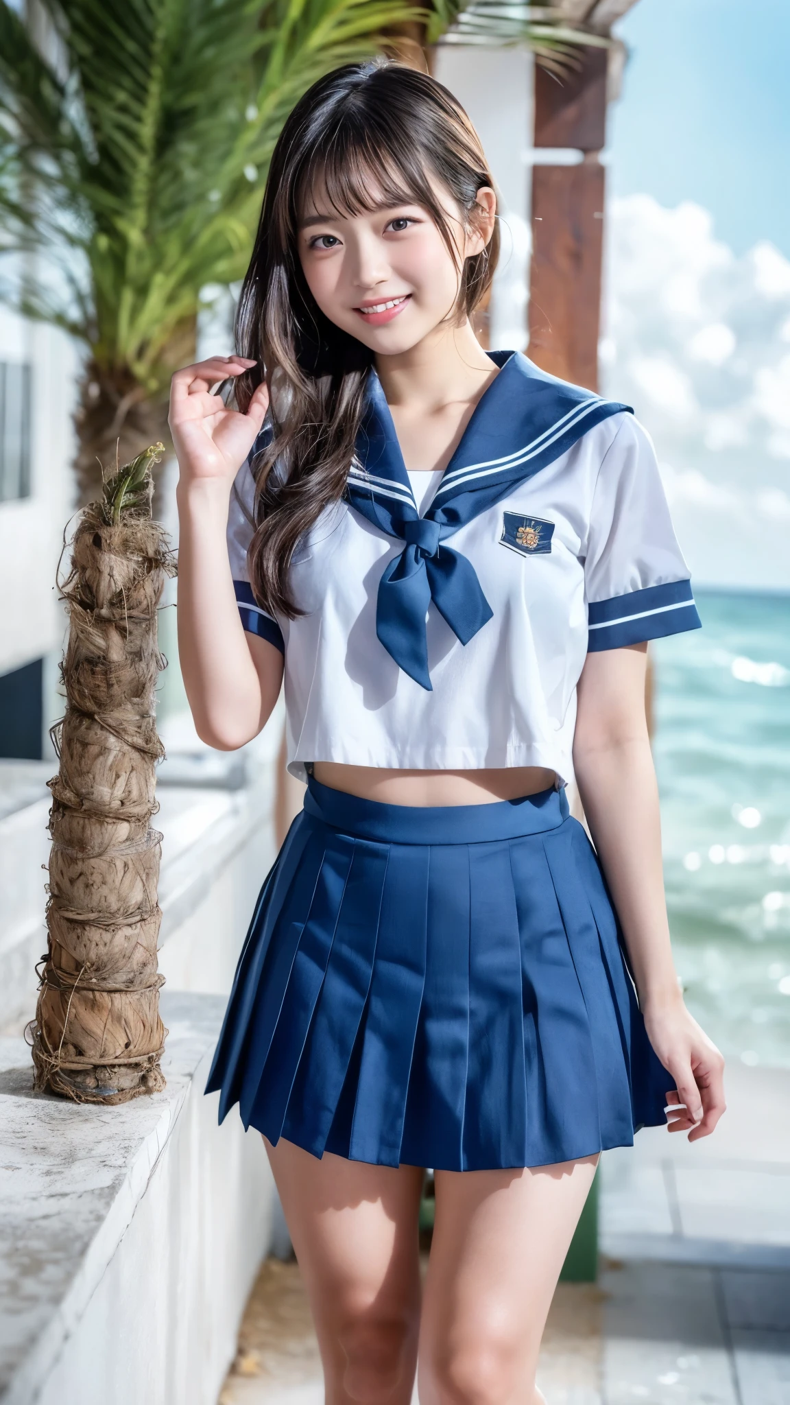 (best quality, 8k, 32k, masterpiece, UHD:1.2), (RAW photo), (realistic), (photorealistic:1.2), (high resolution), huge filesize, ultra-detailed, extremely beautiful face & eyes, 1girl, japanese elementary school student,14yo, 13yo, 12yo, round small face, baby face, thin waist, beautiful belly skin, large breasts, slim proportions, perfect thin thighs, small butt, (darkblue pleated mini skirt, japanese sailor, sailor fuku, serafuku, japanese school sailor suit, sailor red neckerchief), nice hands, perfect hands, accurate hand depiction, sweaty, shy smile, pure white teeth, from below, (blue sky, summer, sun, beach, palm tree, outdoors),
