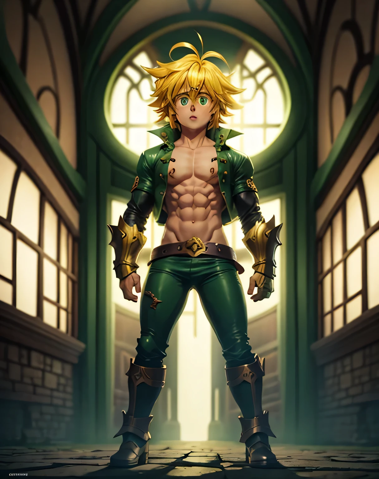 Meliodas, At his high level of power, manga, demon mark, dark air, supreme grandeur, destroyed scene, Assault mode, Very nice green leather outfit