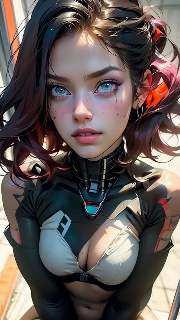 full body long shot:1.4, ((ultra detailed sensual and beautiful young woman)), sensual smile, with a tattoo on her arm and cheek, beautiful and modern hairstyle with a lock of pink hair, beautiful cyberpunk girl, beautiful face cyberpunk girl, dreamy, ((beautiful and detailed hair, soft and luminous:1.3)), dark environment, ultra-realistic 8k, cyberpunk 20 years old. or model girl, The portrait, Highly detailed 32k digital art, beautiful digital artwork, Cyborg Cyberpunk. pink, orange, cyan, brown colors, realistic digital art in 8k, soft neon lighting on the face and body, (( Highly detailed: 1.4), (( masterpiece )), ( Hyper detailed and beautiful: 1.3), (Photorealistic: 1.4)