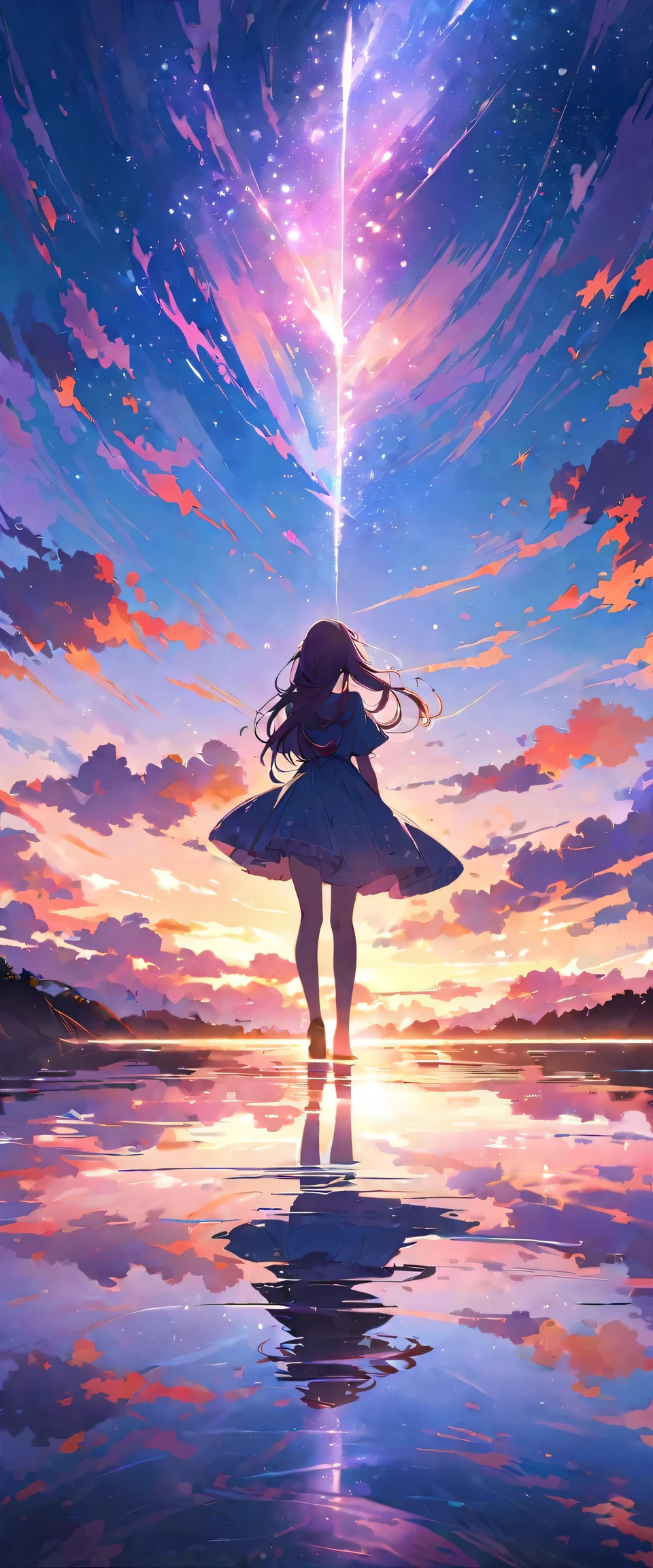 official art, unified 8k wallpaper, super detailed, masterpiece, Best image quality,super wide angle,evening,a woman,Standing in the pond,water is like a mirror,reflecting the sky。look up to the sky,Colorful sunset,Dynamic angle, grace, bright colors,subtle reflections on water,sparkling ripples,Soft golden light,The gentle breeze caresses her hair,Whispering leaves in the background,Subtle pink and purple tones in the sky,Dreamy and ethereal atmosphere,Lens flare adds a touch of magic