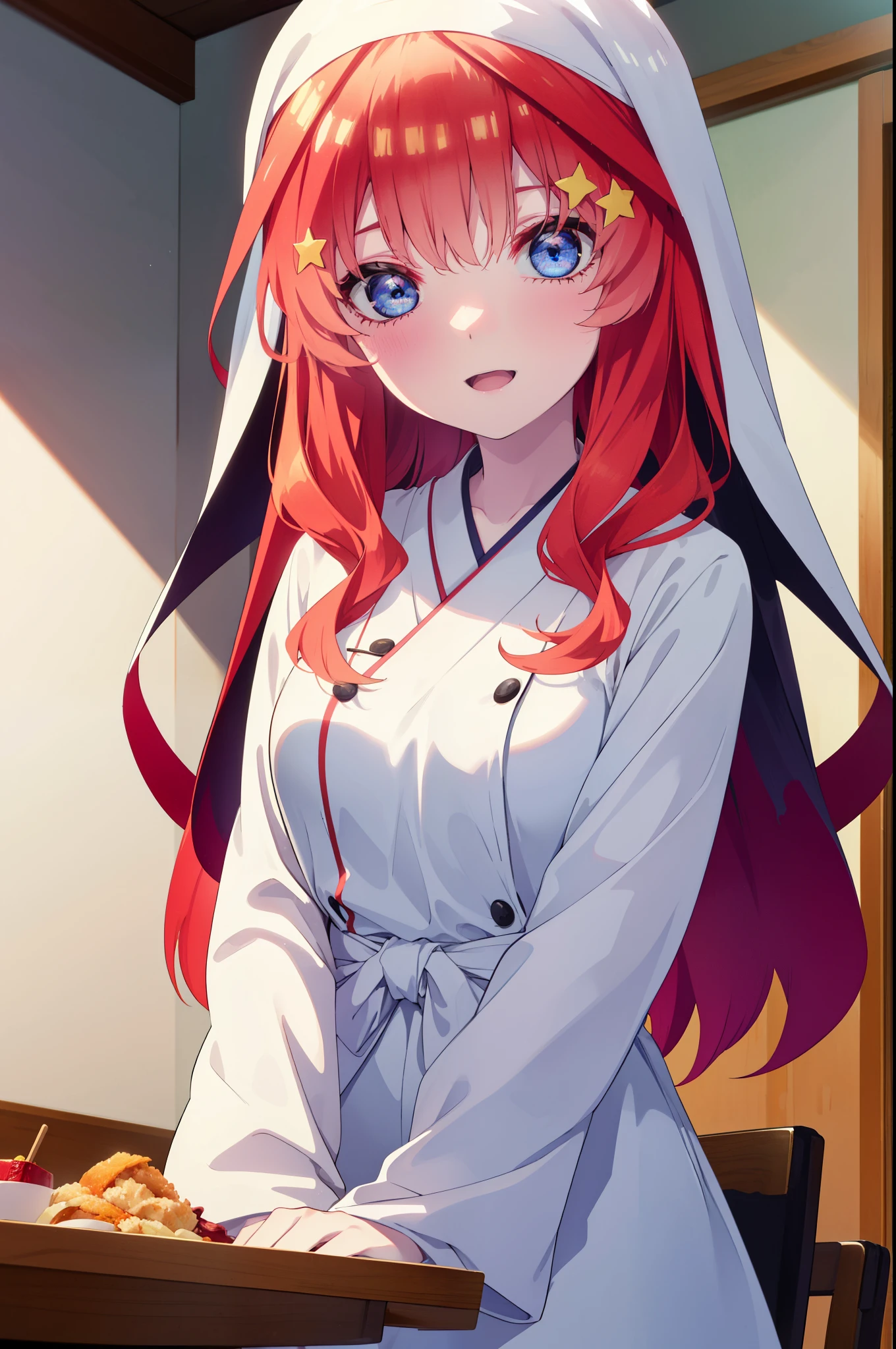 itsukinakano, itsuki nakano, bangs, blue eyes, hair between eyes, Ahoge, redhead,long hair, star \(symbol\), hair ornaments, star hair ornaments,smile,open your mouth,break habit, long sleeve, nun, robe, white robe, wide sleeve,There is a large katsudon on the table.,sitting in a chair,
break indoors, canteen,
break looking at viewer, (cowboy shot:1.5),
break (masterpiece:1.2), highest quality, High resolution, unity 8k wallpaper, (figure:0.8), (detailed and beautiful eyes:1.6), highly detailed face, perfect lighting, Very detailed CG, (perfect hands, perfect anatomy),