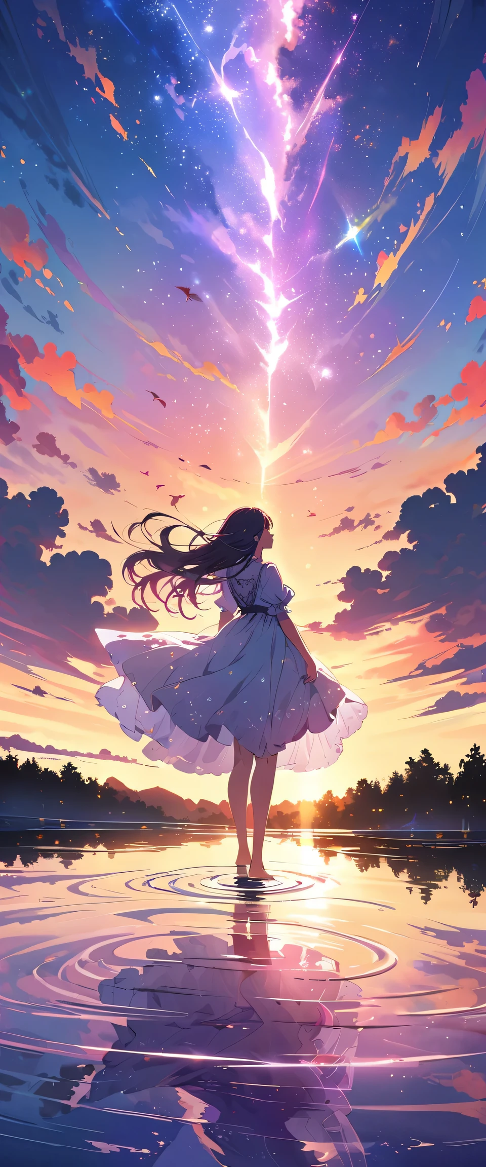 official art, unified 8k wallpaper, super detailed,  masterpiece, Best image quality，super wide angle，evening，a woman，Standing in the pond，water is like a mirror，reflecting the sky。look up to the sky，Colorful sunset，Dynamic angle, grace, bright colors,