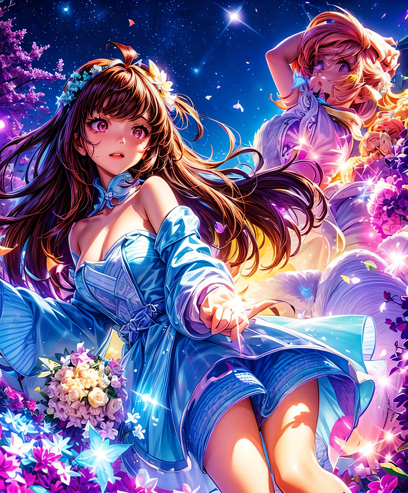 Describe a scene where a cute girl character is lying on a grassy hill, Looking up at the starry sky. Surround her with colorful nebulae and her favorite constellations.