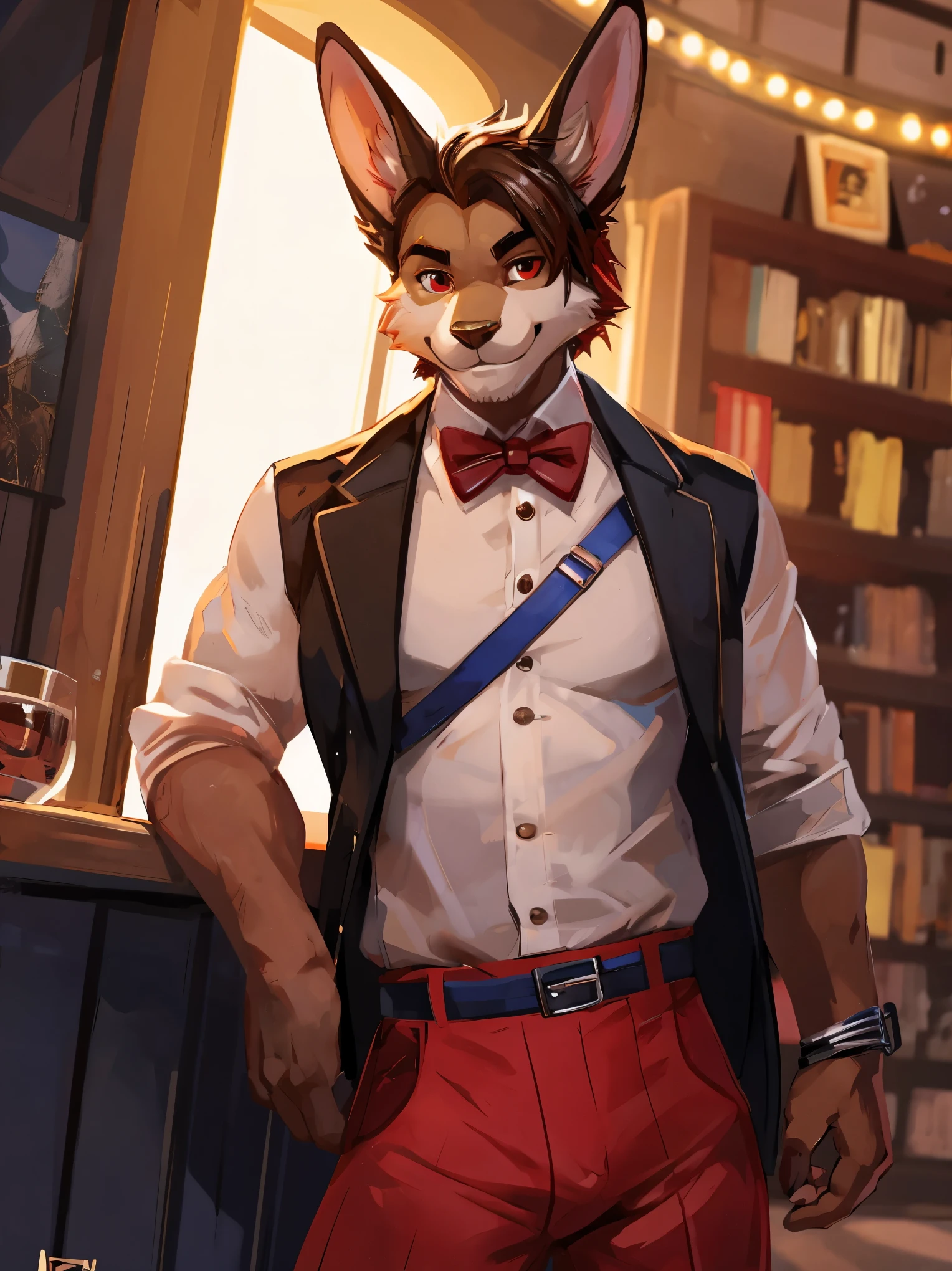 Handsome white rabbit, big ears, tall, red eyes, white shirt, suspender, black suspenders, formal suit, Por mystikfox61