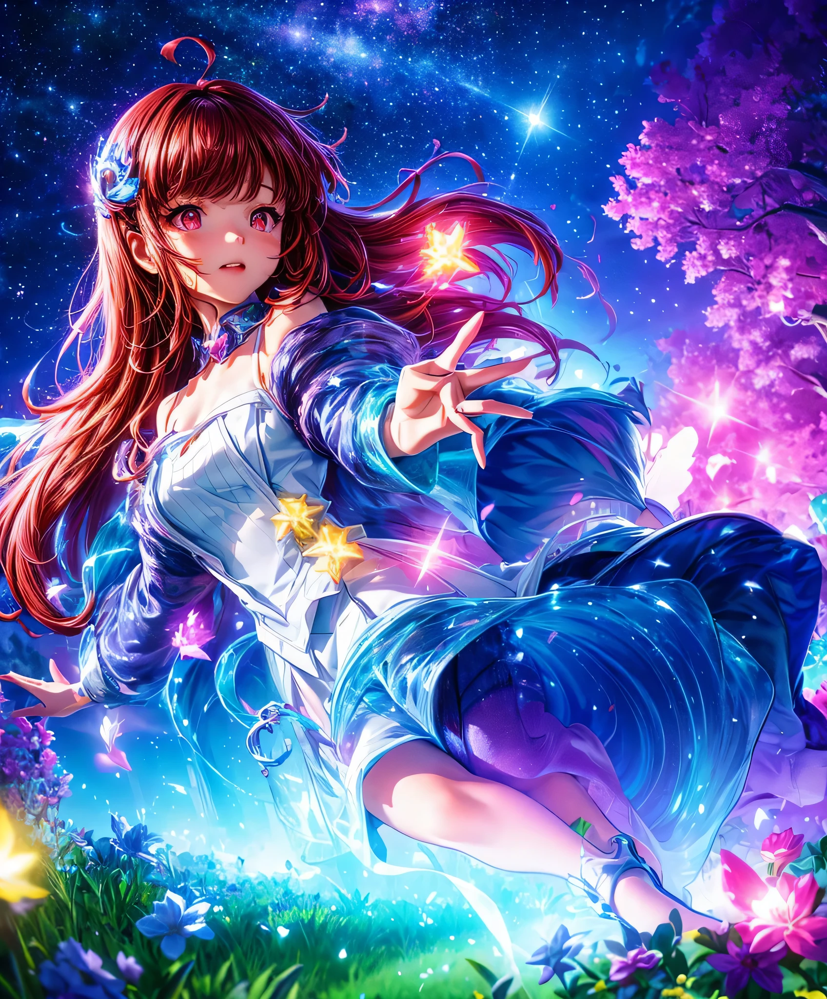 Describe a scene where a cute girl character is lying on a grassy hill, Looking up at the starry sky. Surround her with colorful nebulae and her favorite constellations.