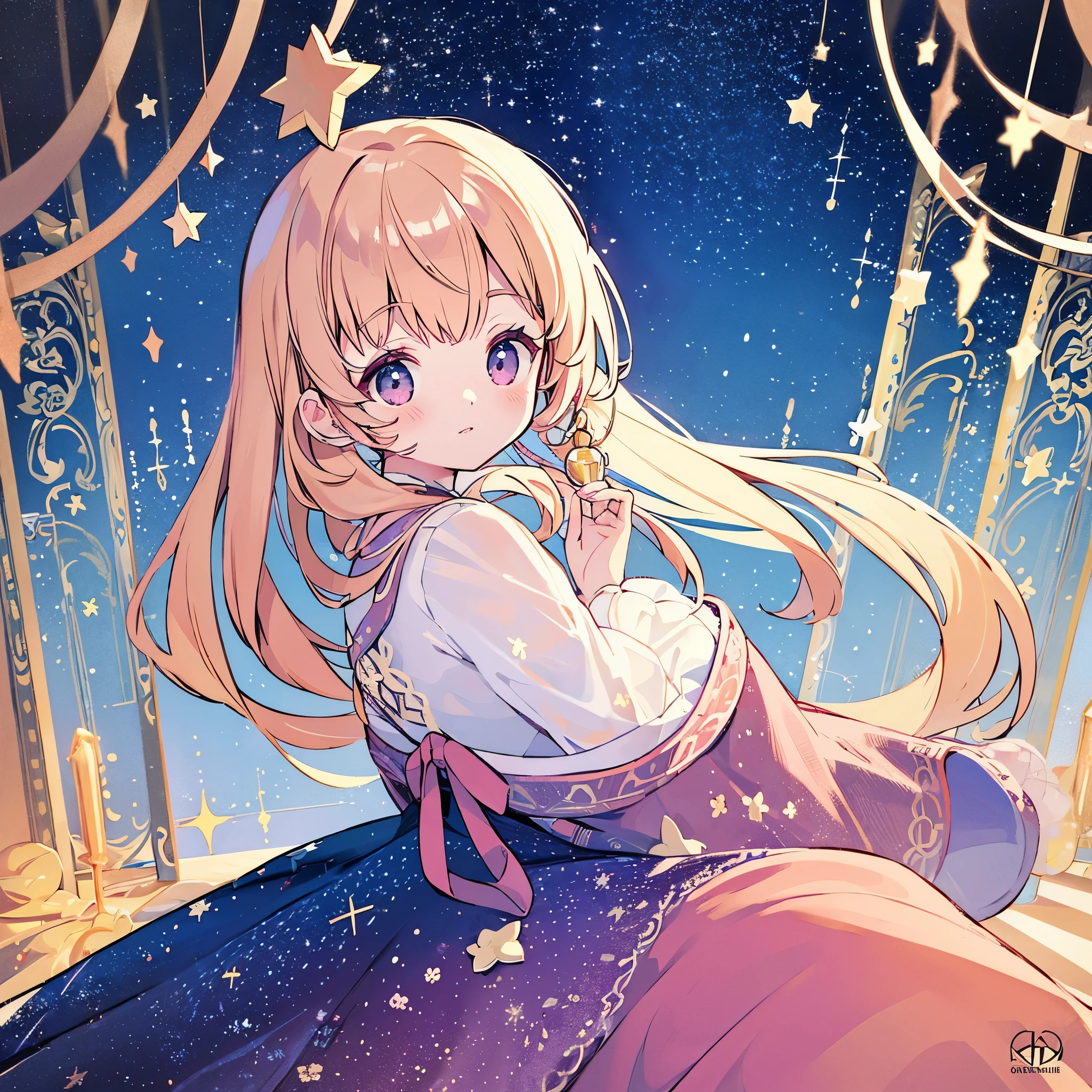 complex background, wishing star background, a woman wearing an ethereal mystical pink translucent dress that reflects the stars, perfume promo art, mystic, complex drawing, highly detailed, Covergirl brand, promo art, artistic rendition, ethereal, starry night, midjourney style