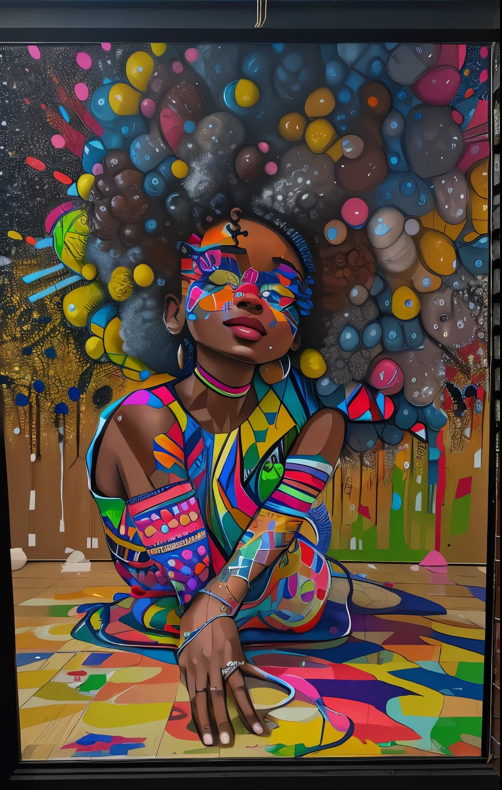 painting of a SMILE black woman with big afro hair in the form of paintings of drops and stars sitting on the floor graffiti art in the vision of eduardo kobra and ROMERO Brito and the twins and kishi Nishimura in ultra realistic and dynamic in 532k.PORTRAIT Geometric.