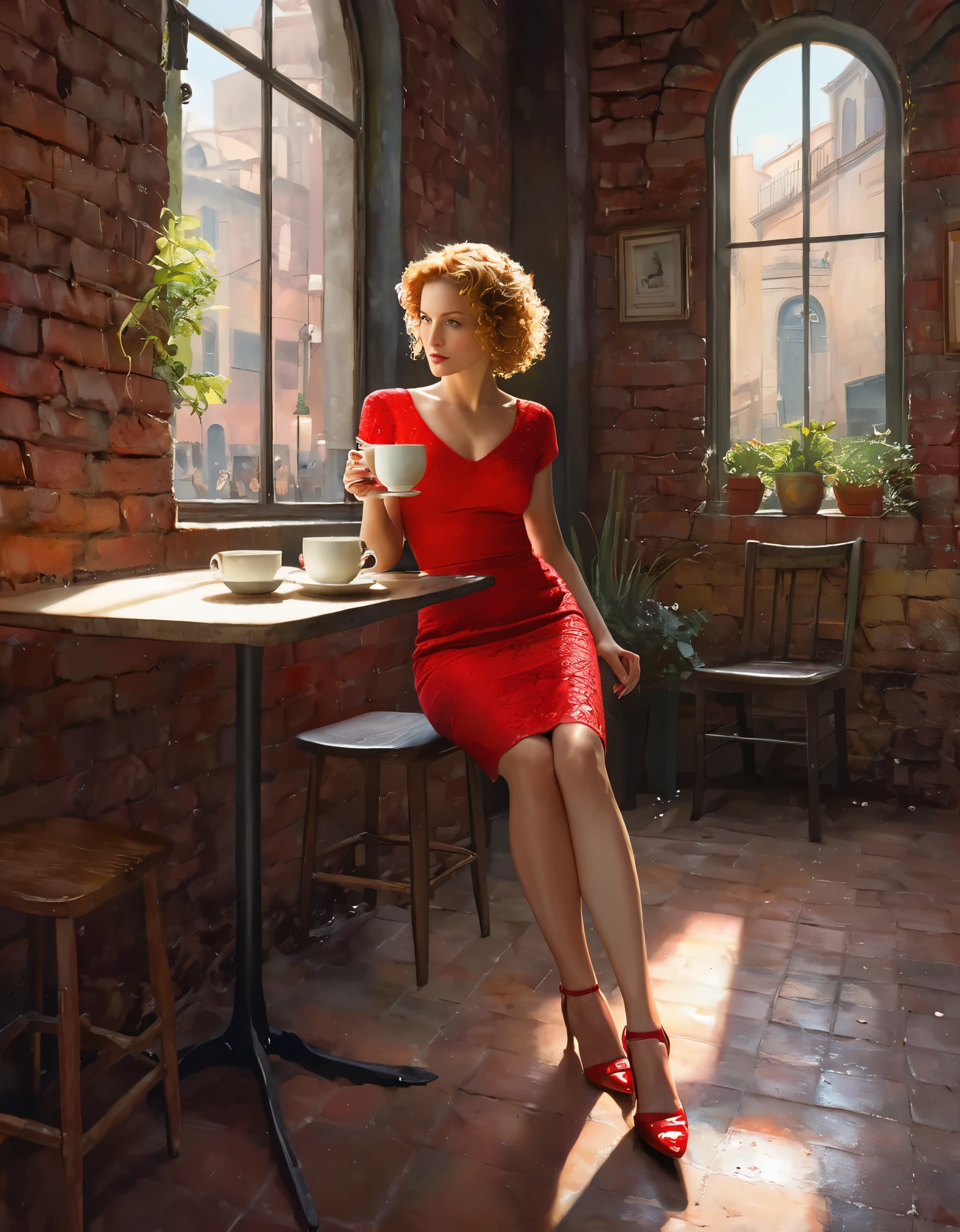 style by Alyssa Monks, masterpiece, very delicate and beautiful, highly detailed, 8k, amazing, attention to detail, (masterpiece, best quality:1.2), a 50-year-old sexy woman in a very short tight-fitting red dress, short rare light curly hair, drinking hot tea, one leg crossed over the other, She is contemplating divorce from her husband, wide open legs, On the table, there is a plate with salad and a brownie. In the background, there are brick walls and vaults of a cozy, small, cramped café in Buenos Aires adorned with two painting,There is one candle in a glass holder, with evening light streaming in through the window, 2D illustration