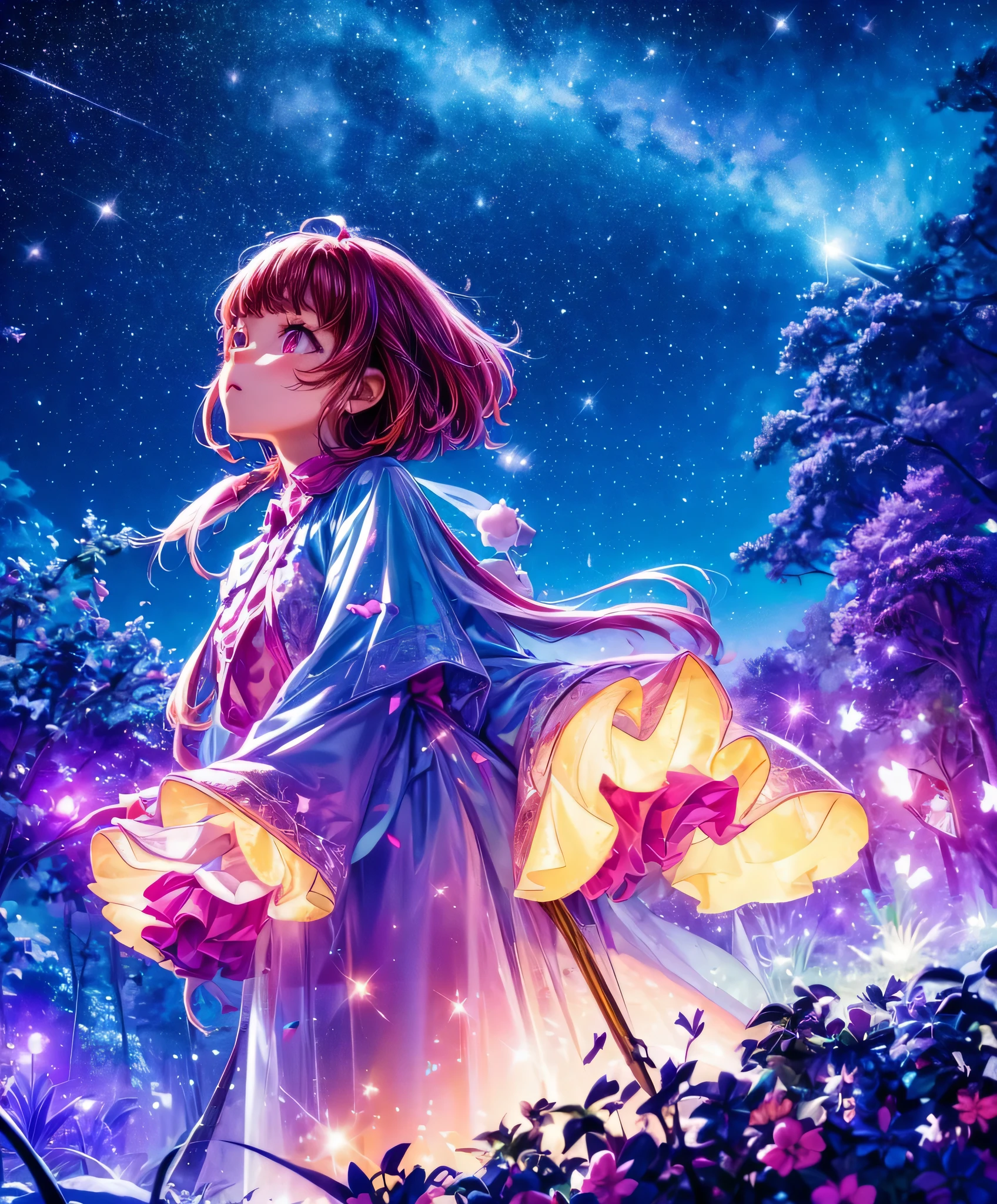Describe a scene where a cute girl character is lying on a grassy hill, Looking up at the starry sky. Surround her with colorful nebulae and her favorite constellations.