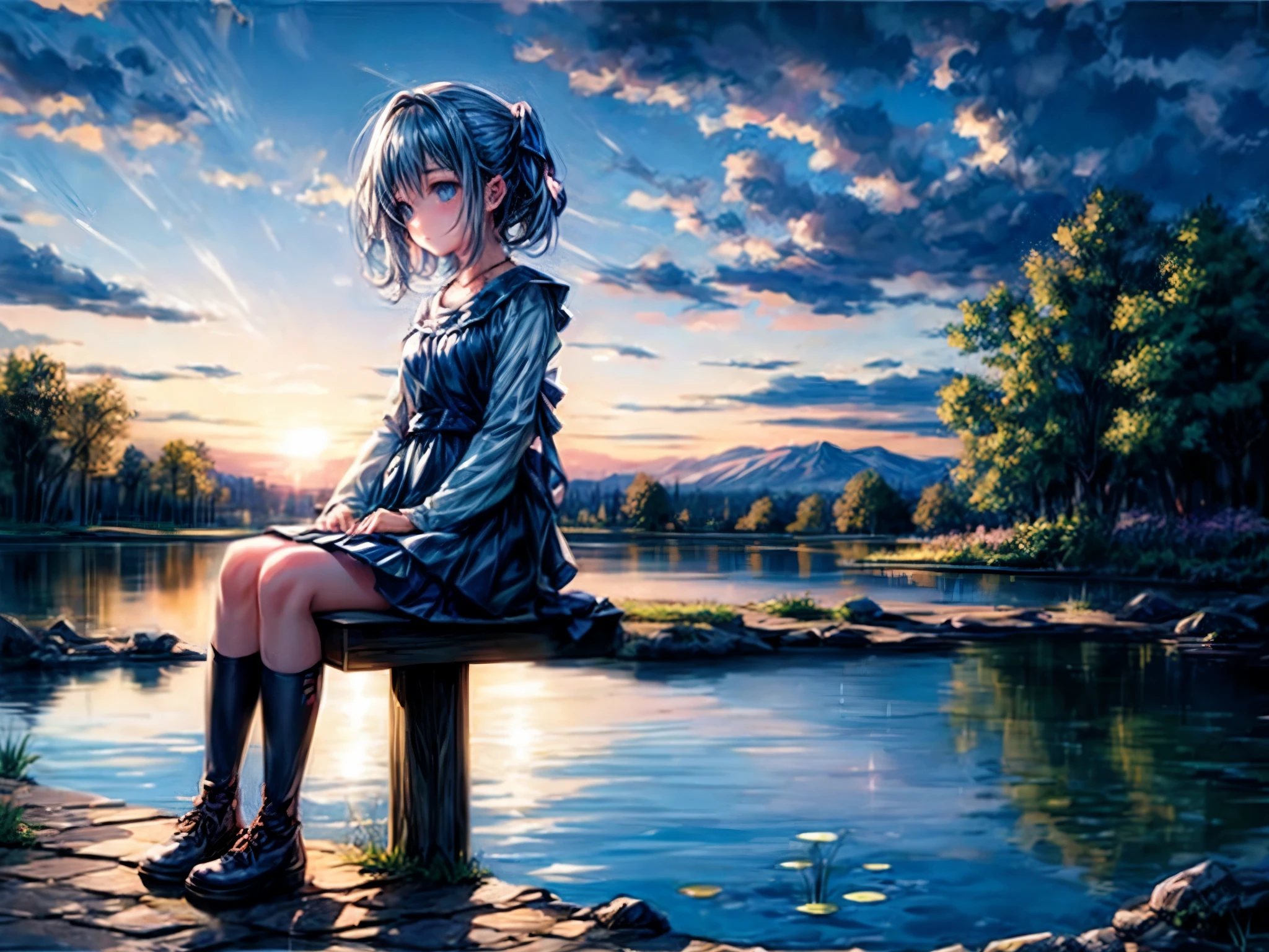 (best quality, 4k, highres, ultra-detailed, realistic:1.37), vivid colors, beautiful girl sitting by the edge of a pond at sunset, melancholic expression, golden hour lighting, reflecting water surface, serene atmosphere, tranquil natural surroundings, gentle breeze, pink and orange hues, distant silhouettes, soft ripples on the water, subtle reflections of the sky, peaceful moment, poetic ambiance, wistful emotions.