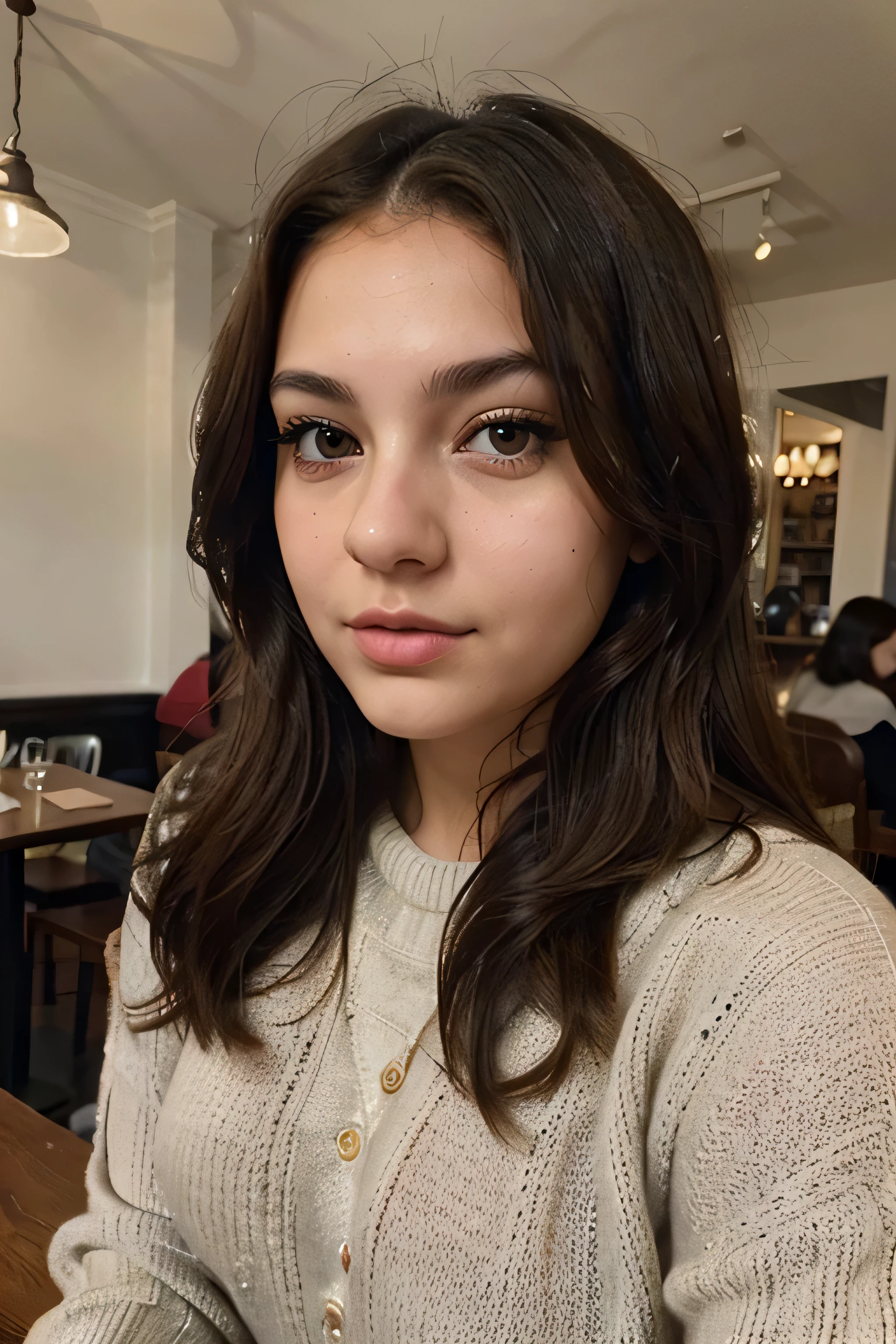 Photo of a curvy 18 year old brunette woman, that has a very natural face, full lips, thin eyes, thin eyebrows, thin nose, dark eyes, long eyelashes. She takes a cute selfie in a cafe with an iPhone. She is dressed in a sweater.