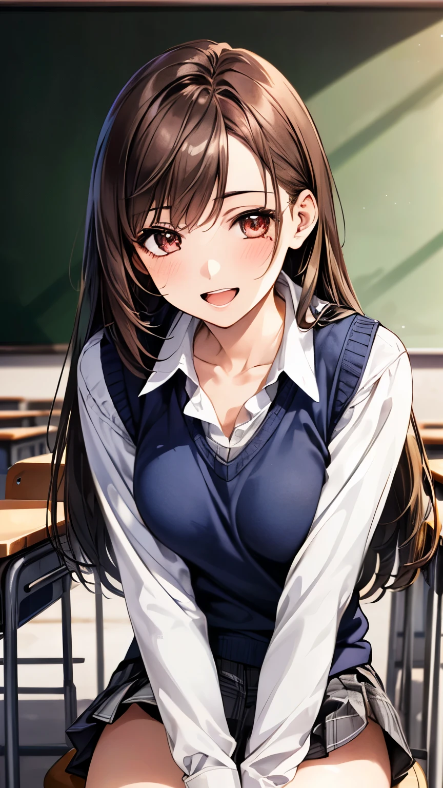 (masterpiece:1.3, highest quality), ultra high resolution, super detailed, (realistic, photorealistic:1.4), beautiful illustrations, perfect lighting, colorful, Depth of the bounds written,
looking at the viewer, (face focus, Upper body), 1 girl, alone, High female high school student, sculpture model, (big breasts:0.8, big ass, seductive thighs, skin dents),
(long hair:1.2, straight hair:1.2, (saddle-Brown colored) hair), 流した前hair, (Brown) eye, drooping eye, big eye, shiny skin, thin,
beautiful hair, beautiful face, highly detailed face, beautiful detailed eye, beautiful clavicle, beautiful body, beautiful breasts, beautiful thighs, beautiful feet, beautiful fingers,
(fine cloth texture, (navy knit vest), gray plaid tie, long sleeve white shirt with collar, Grey plaid pleated skirt), black socks, white panties,
(beautiful scenery), morning, (classroom), sitting school chair, (enchanting smile, upper eye, Small with open mouth),