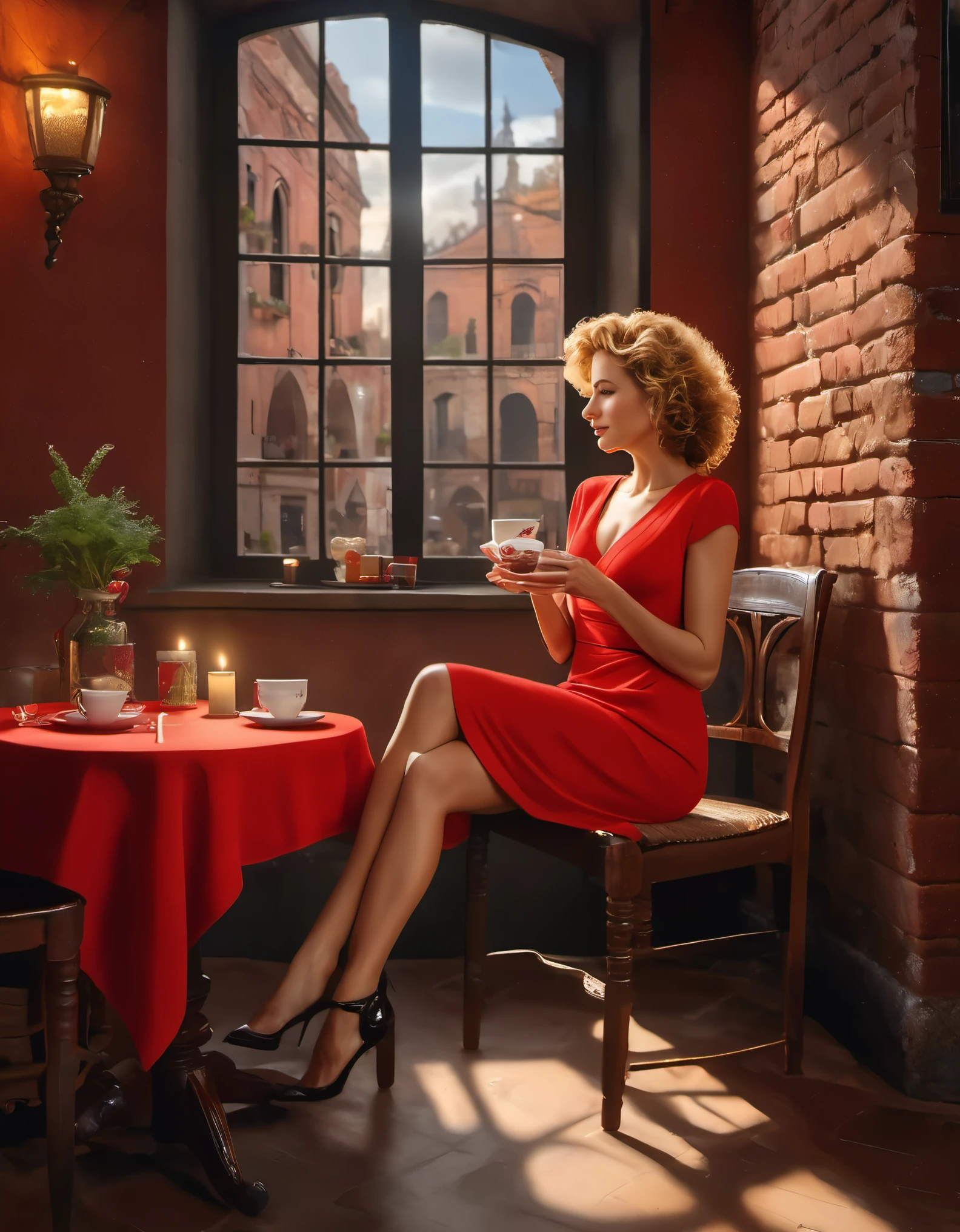 masterpiece, very delicate and beautiful, highly detailed, 8k, amazing, attention to detail, (masterpiece, best quality:1.2),Photorealistic, Studio photo, a 50-year-old sexy woman in a very short tight-fitting red dress, short rare light curly hair, drinking hot tea, one leg crossed over the other, She is contemplating divorce from her husband, wide open legs, On the table, there is a plate with salad and a brownie. In the background, there are brick walls and vaults of a cozy, small, cramped café in Buenos Aires adorned with two painting,There is one candle in a glass holder, with evening light streaming in through the window.