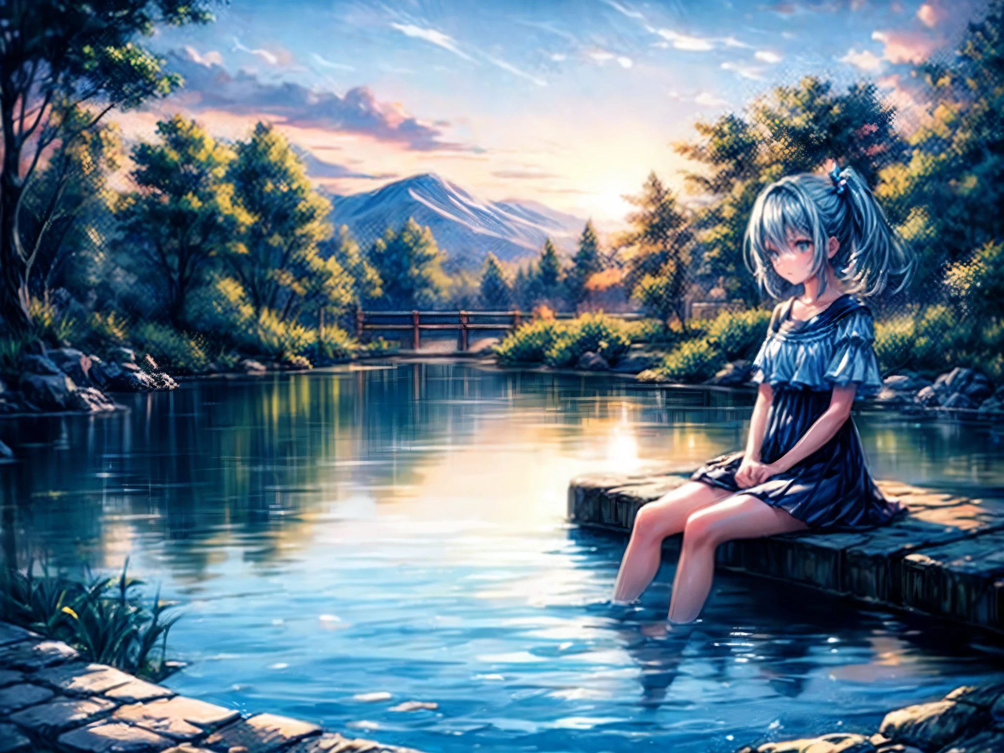 (best quality, 4k, highres, ultra-detailed, realistic:1.37), vivid colors, beautiful girl sitting by the edge of a pond at sunset, melancholic expression, golden hour lighting, reflecting water surface, serene atmosphere, tranquil natural surroundings, gentle breeze, pink and orange hues, distant silhouettes, soft ripples on the water, subtle reflections of the sky, peaceful moment, poetic ambiance, wistful emotions.