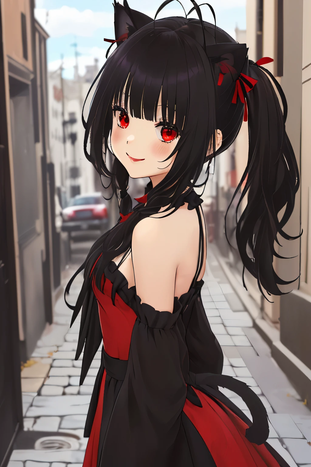 parte maestra, Mejor calidad, Altas, 1 chica, Aakurumi, ,((long hair slightly wavy slightly past the shoulders, black bangs, small black pigtails on the sides, cute cat ears, beautiful thin red eyes)),, banda para el cabello, heterochromia, pechos medianos, escote, ((gargantilla negra, Red ribbon, hombros descubiertos, the gothic, vestido rojo, Arco rojo, mangas resaltadas, falda roja, sosteniendo el arma, arma, al aire libre, smile, sosteniendo el arma)). ((Fondo de una ciudad estilo anime))