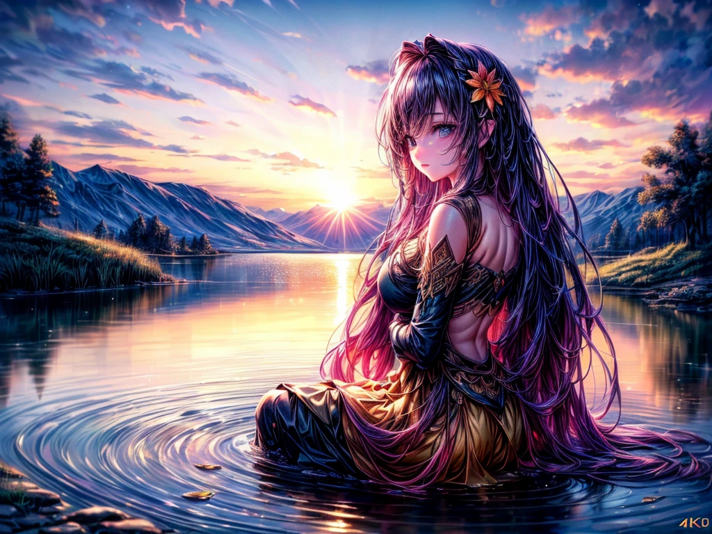 (best quality, 4k, highres, ultra-detailed, realistic:1.37), vivid colors, beautiful girl sitting by the edge of a pond at sunset, melancholic expression, golden hour lighting, reflecting water surface, serene atmosphere, tranquil natural surroundings, gentle breeze, pink and orange hues, distant silhouettes, soft ripples on the water, subtle reflections of the sky, peaceful moment, poetic ambiance, wistful emotions.