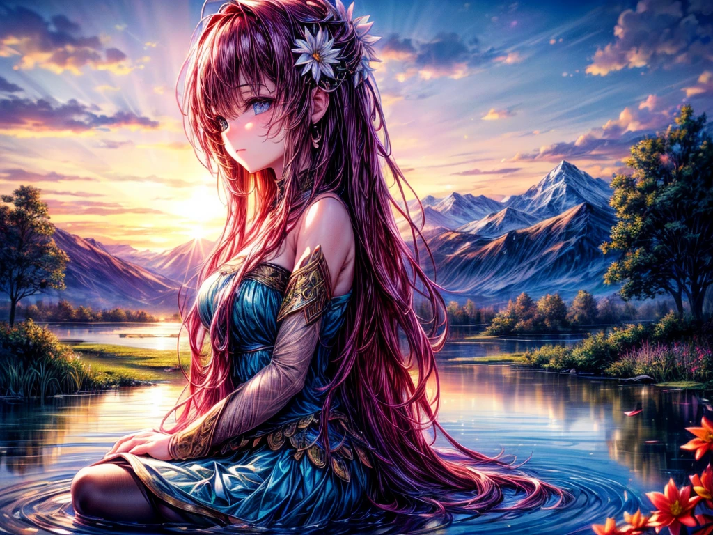 (best quality, 4k, highres, ultra-detailed, realistic:1.37), vivid colors, beautiful girl sitting by the edge of a pond at sunset, melancholic expression, golden hour lighting, reflecting water surface, serene atmosphere, tranquil natural surroundings, gentle breeze, pink and orange hues, distant silhouettes, soft ripples on the water, subtle reflections of the sky, peaceful moment, poetic ambiance, wistful emotions.
