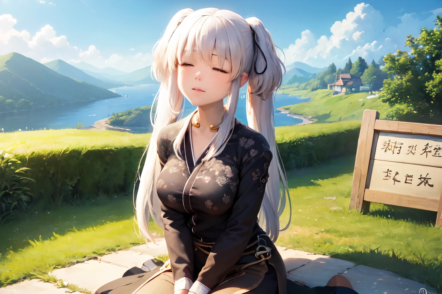 (masterpiece, best quality:1.2), wide shot, landscape scenery, solo, 1girl, nao \(mabinogi\), expressionless, closed mouth, kneeling, looking afar, twintails, hair ribbon, closed eyes, chinese clothes