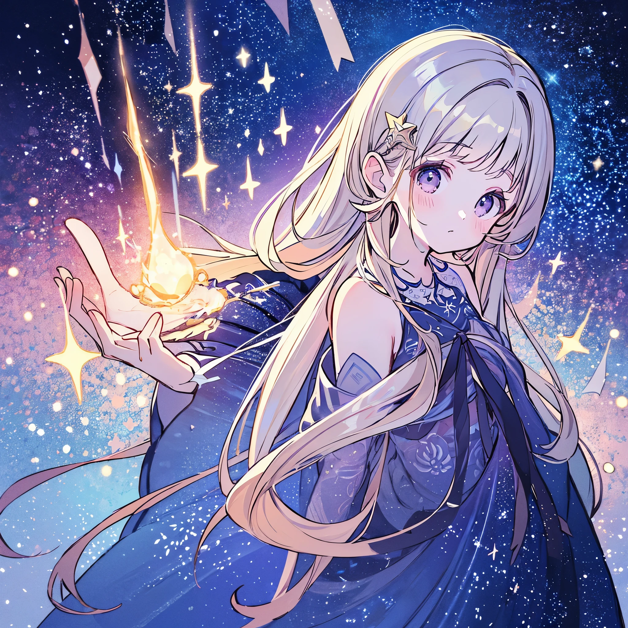 complex background, wishing star background, a woman wearing an ethereal mystical pink translucent dress that reflects the stars, perfume promo art, mystic, complex drawing, highly detailed, Covergirl brand, promo art, artistic rendition, ethereal, starry night, midjourney style