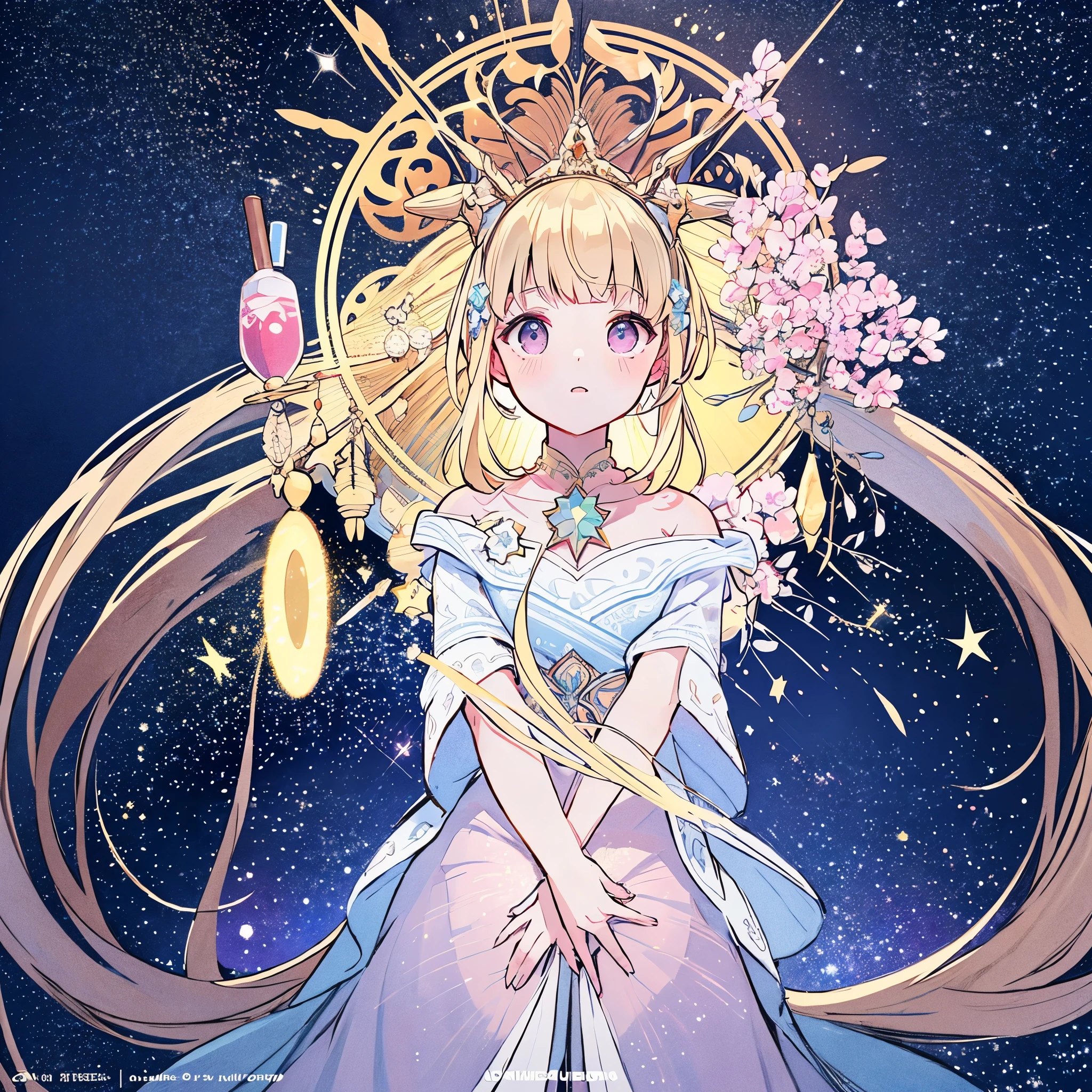 complex background, wishing star background, a woman wearing an ethereal mystical pink translucent dress that reflects the stars, perfume promo art, mystic, complex drawing, highly detailed, Covergirl brand, promo art, artistic rendition, ethereal, starry night, midjourney style