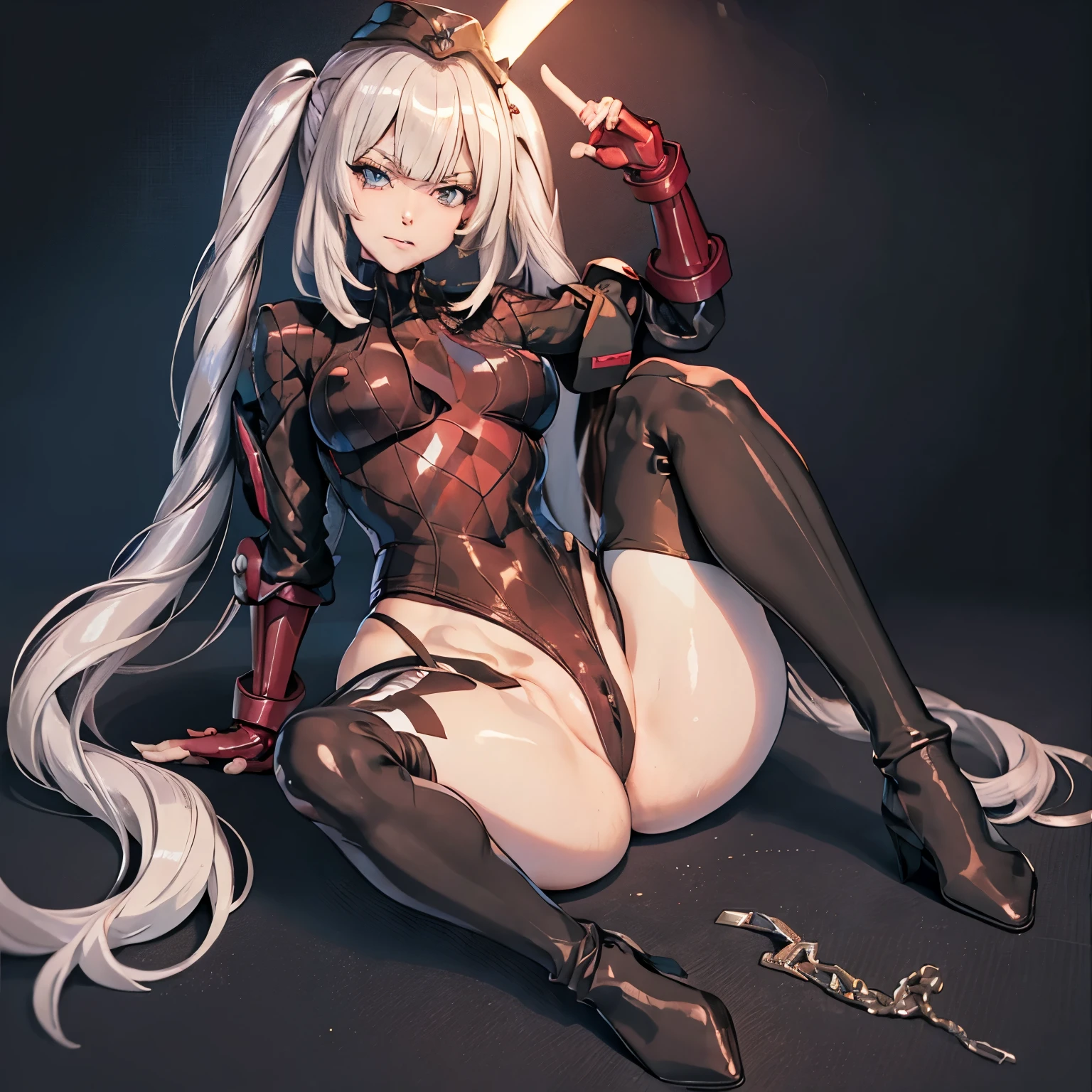 ultra-detailed, Explicit, Beautiful body, Beautiful Nose, Beautiful character design, perfect eyes, perfect face, ultra highres, 4K, beautiful legs, perfect legs, Nice hands, Perfect hand, Masterpiece, Best Quality, Highly detailed, illustration, absurdres, perfect anatomy, street fighter, doll suit, shadaloo doll, dollsuit, expressionless, blank eyes, looking at viewer, red gloves, emotionless, black latex, corruption, mind control, female combatant, full body, hypnotized, unhappy trance, full body suit, ribbed bodysuit, both arms at side, obey, perfect female body, extremely glossy latex, hypnosis, hypnoLora, empty eyes, Mind control device, poses, submissive_pose, Slave, lying down straight, lying down, lying down at attention, hat, necktie, belt, latex, ribbed bodysuit, thigh Highs, garter belt, Fighting Stance, extending the right arm from the shoulder into the air with a straightened hand, military, thigh boots, black pantyhose, (((pixel-perfect, detail-perfect))), solo, 1girl, hair ornaments, very long hair, white hair, yellow eye, pale skin, MARIE ALTER, Marie_Antoinette, twintails, bangs, grey hair, small breast, evil grin, evil smile