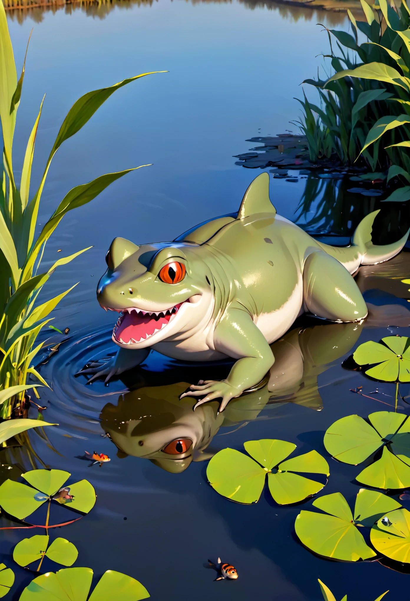 (best quality,4k,highres),(creepy,unsettling) monsters, bright colors, (half shark,half toad) lurk, (shores,edges,sides,banks) of evening pond,dusk pond,hunting,searching,stalk,(small,upcoming)carnivorous),waiting for rodents,mice,rats,small mammals,to eat,consume,target,prey on.