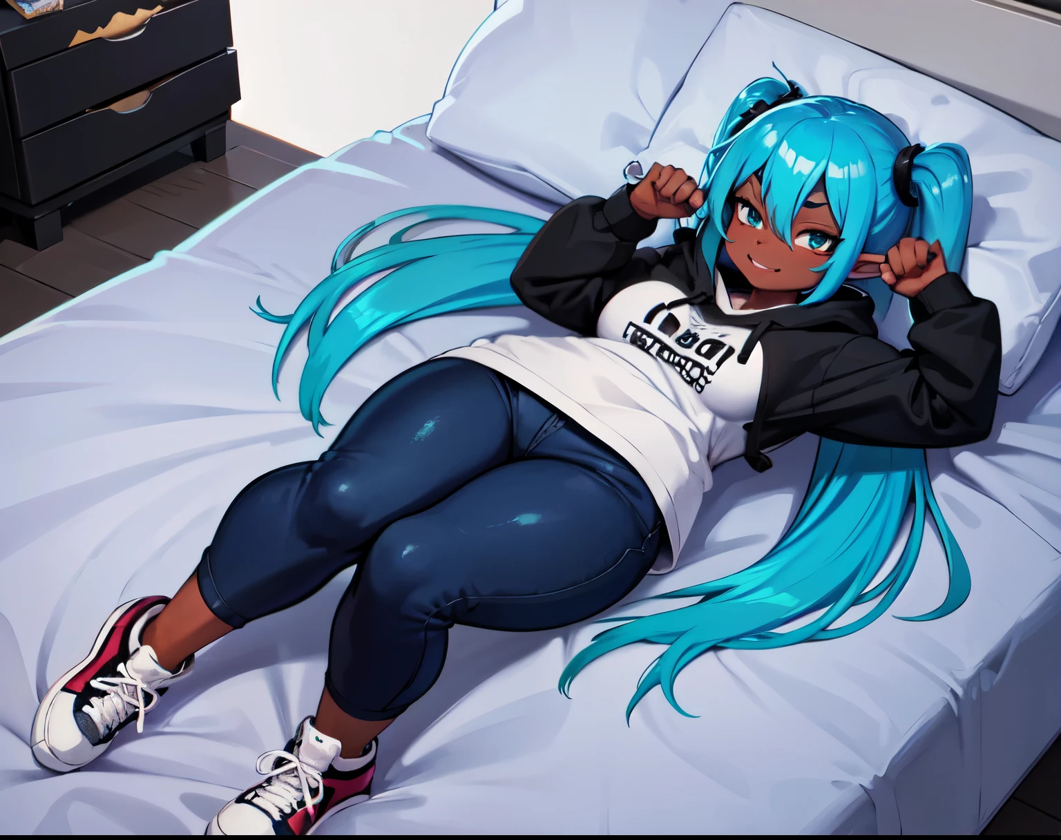 goblin girl, blue hair, very long hair, dark_ skin, dark skin goblin, wide body, very dark skin girl, busty, hair between eyes, twintails, chubby, chubby girl, chubby girl goblin, wide hips, blue eyes, mole, mole on chest, age up, lips, big lips, thick eyebrows, body with fur, tusk, short girl, short goblin girl twintails, short girl, highly detailed, high quality, best quality, 8k, full body, fat, fat girl, fat goblin, smile, casual clothes, pants, sneakers, neckline, waving, lying down, sexy girl, Hoodie