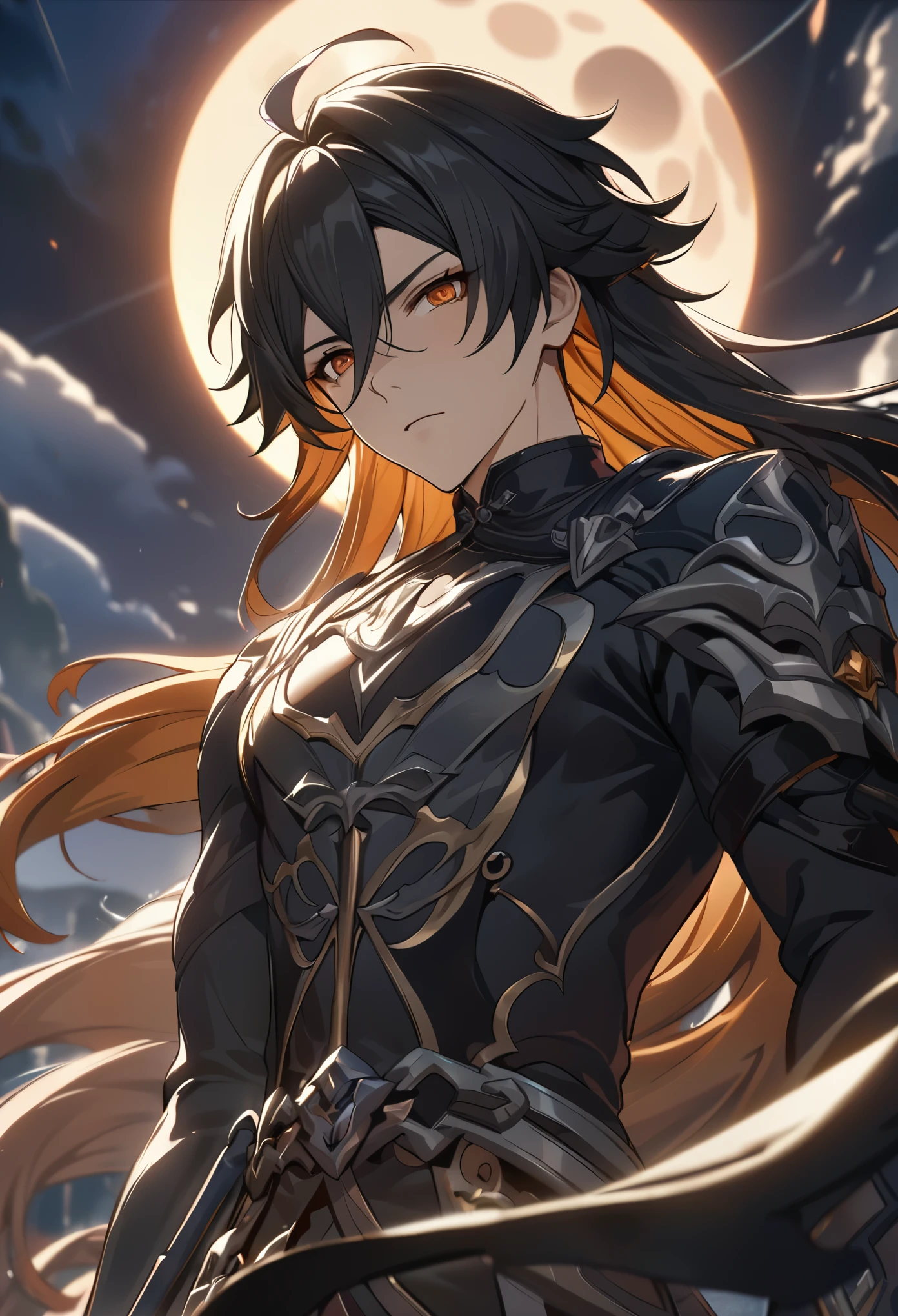 ((solo)), (man), dark orange eyes, black hair, very long messy hair, dark orange colored inner, thin body, hair a close up of a person with a sword in a desolate land detailed key anime art, honkai star trail character, casimir art, masamune shiro, masamune, handsome guy in demon slayer art, genshin, heise jinyao, shadowverse style, (no logos), eclipse, black powers, twilight scenery, detailed clothes, eye reflection, depth of field, cinematic lighting, ray tracing, depth of field, cinematic lighting, ray tracing, UHD, high details, best quality, highres, high quality, award winning, super detail, masterpiece, 8k, UHD, high details, best quality, highres, high quality, award winning, super detail, masterpiece, 8k