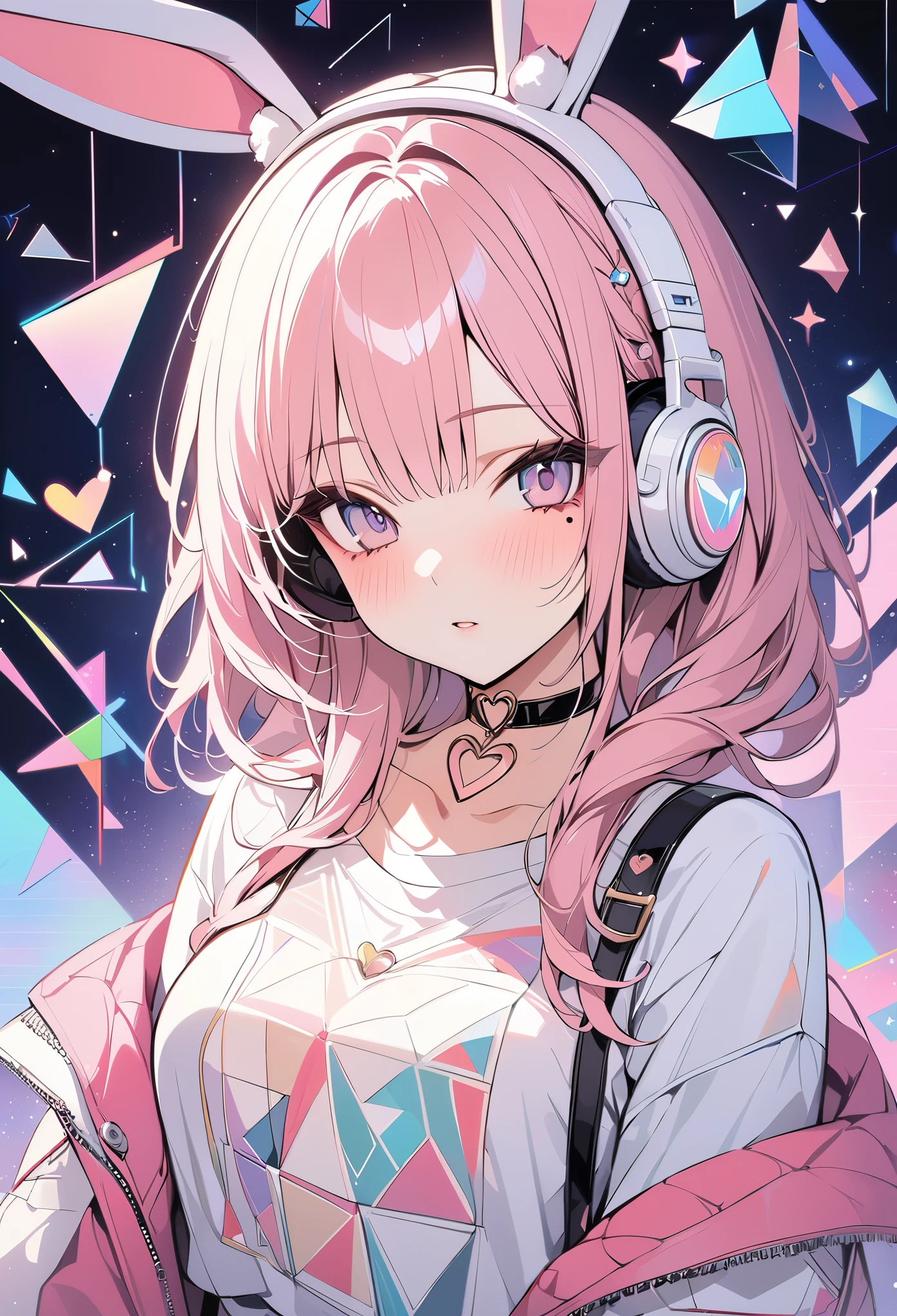 ,beautiful flower々),mole under eye, heart shaped choker, (masterpiece, highest quality), official art, beautiful and aesthetic: 1.2), (1 girl), very detailed, (geometry art: 1.3), colorful,headphones,DJ、Pink bob hair、rabbit ears