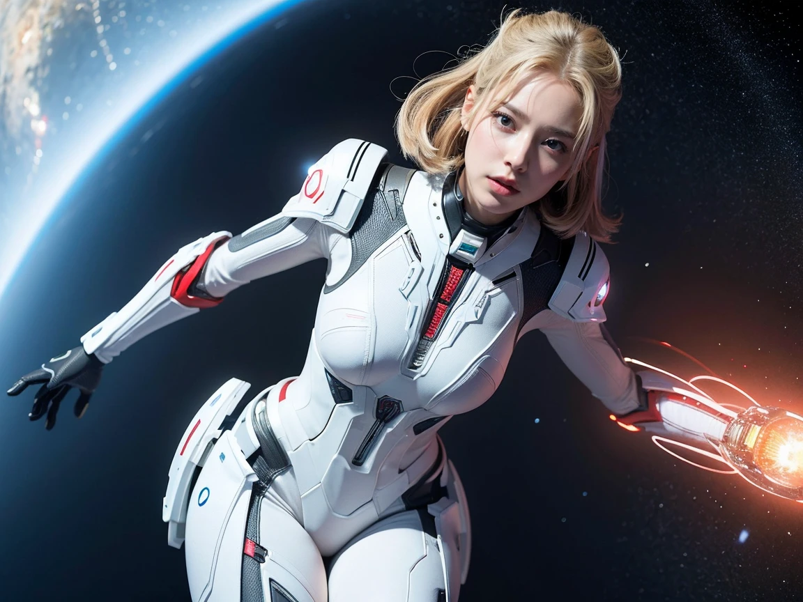 (Raw photo, highest quality), (realistic, Photoreal:1.3), 1 girl、realisticbody、Pleiades space warrior、white and red battle suit skirt、spaceship coming from space、Battle against reptilian aliens、shield and ray gun、serious expression