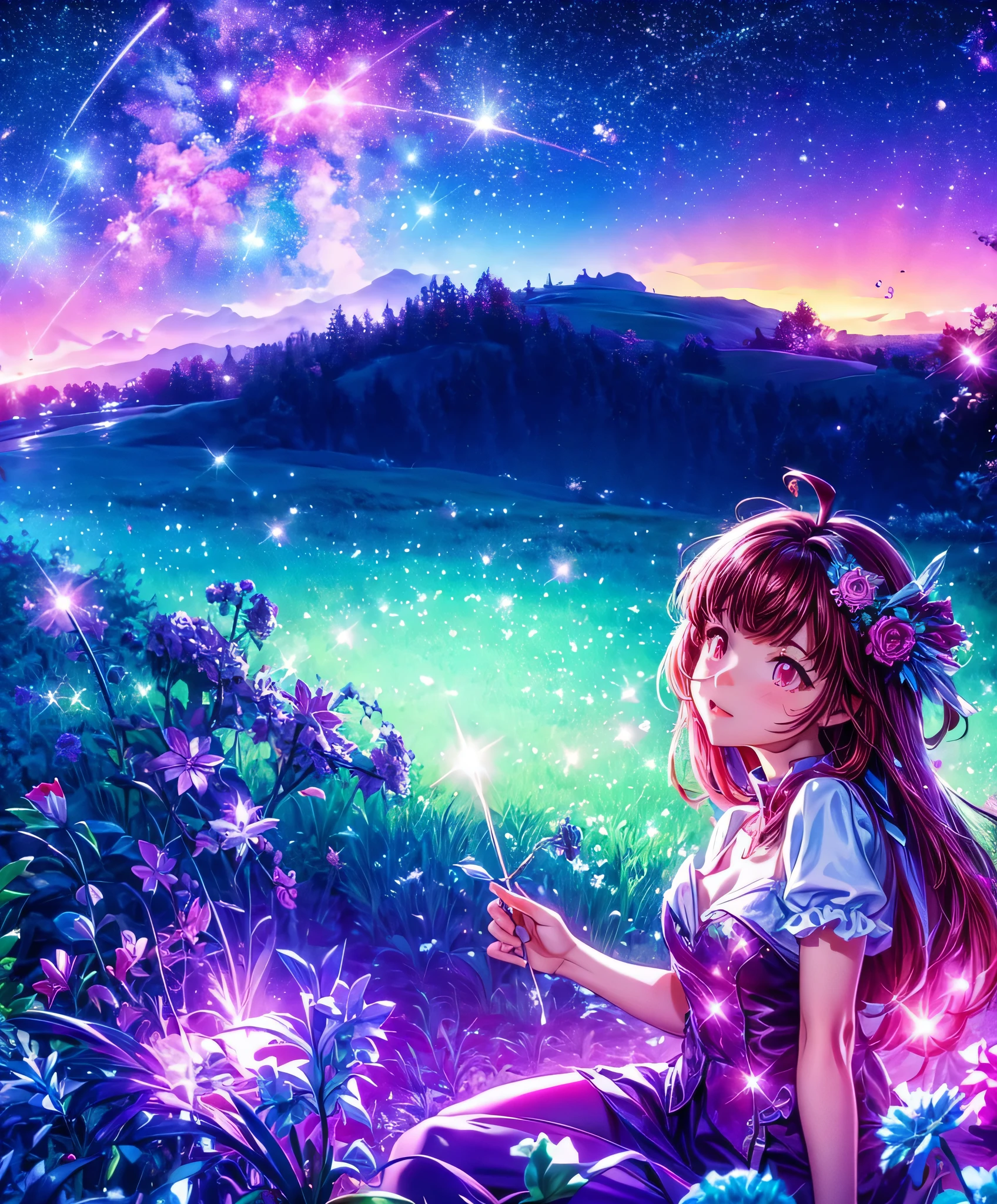 Describe a scene where a cute girl character is lying on a grassy hill, Looking up at the starry sky. Surround her with colorful nebulae and her favorite constellations.