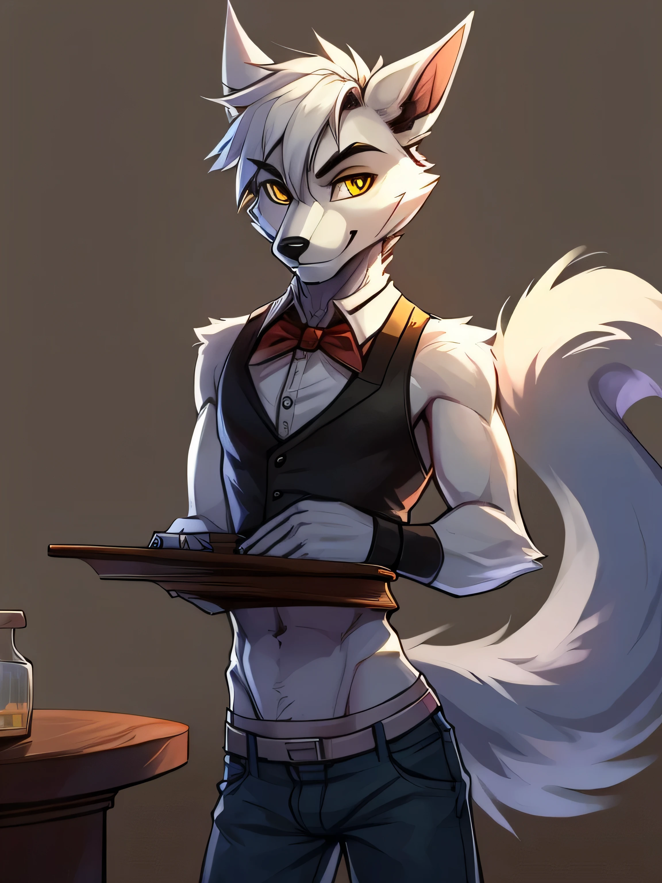 Male, arctic wolf, detailed yellow eyes, long tail, bartender, slim, sly, simple background, briefs peeking over waistband of jeans
