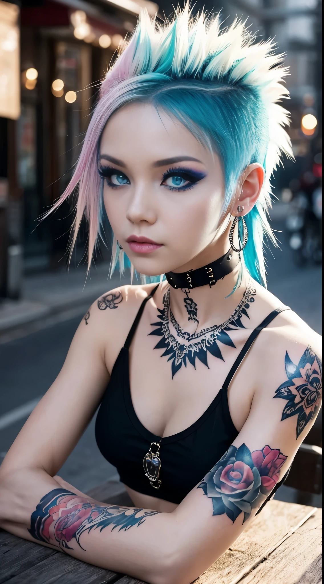 Tips for the first topic are as follows： quality, 8K, 32K, On a table:1.3), ultra - detailed, (realistically:1.4), white colors, albinism, punk girl, detailed eyes, Upper part of the body, colorful mohawk hair, Avant-garde punk fashion, Avant-garde makeup, numerous piercings, There are a lot of tattoos, streets background, backlight effect, shallowdepthoffield, vague background"