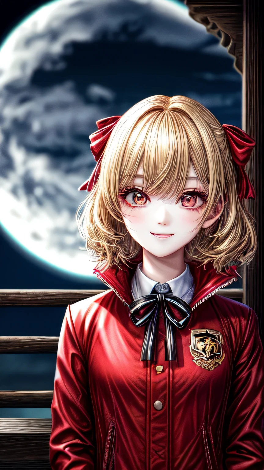 high quality, 最high quality, masterpiece, disorganized, red_Jacket, ribbon, black_eye, blonde_hair, short_hair, hair_ribbon, smile, 1 girl, torn clothes, Cloth,  Dense and beautiful black eyes, beautiful detailed lips, Highly detailed eyes and face, long eyelashes, detailed face, masterpiece, 最high quality, high quality, High resolution, (moonlit night background), Click here for eye line、