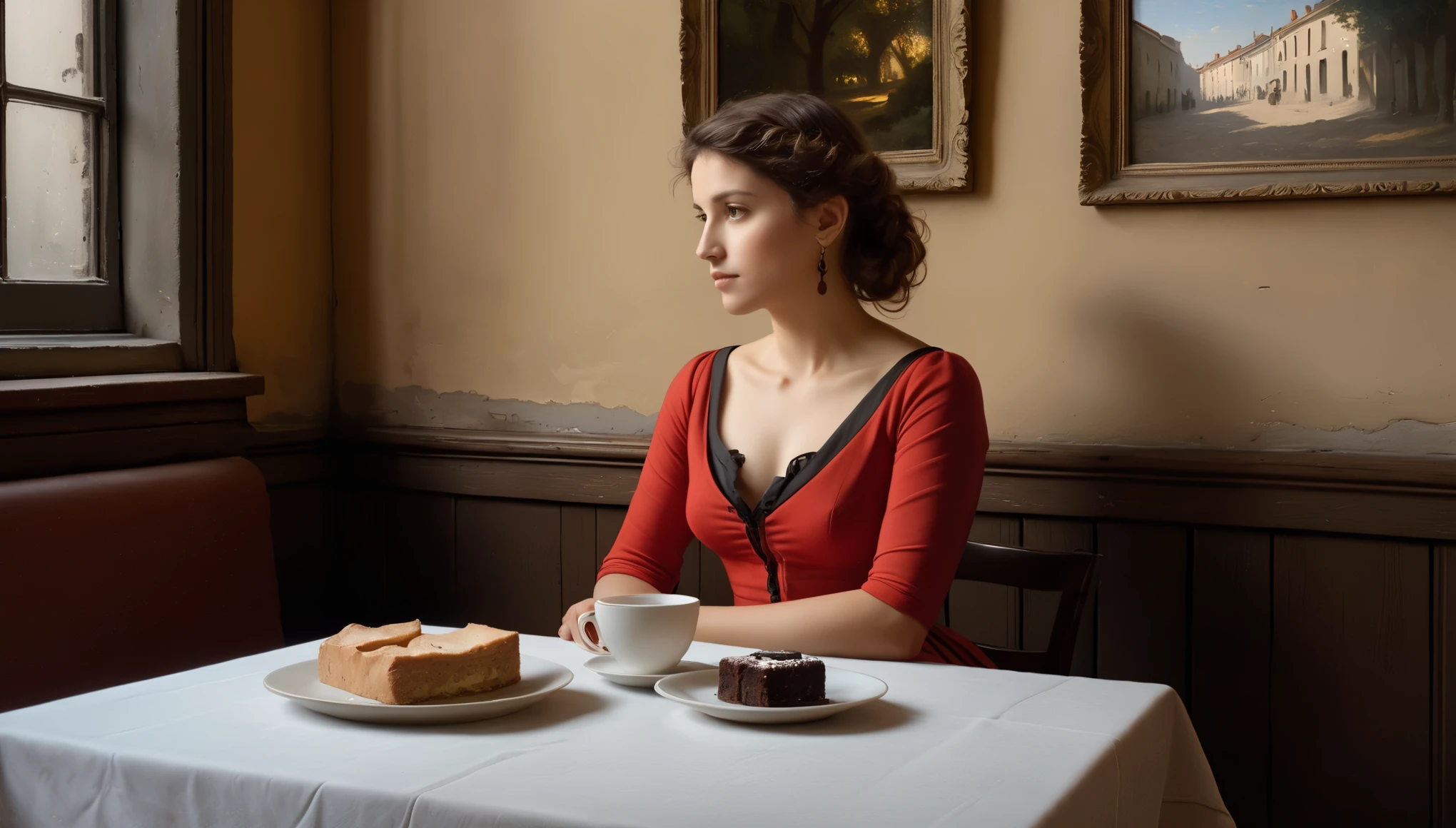 An oil painting in the style of Camille Corot depicts a 50-year-old woman in a very short, tight-fitting red dress with short, rare, light curly hair drinking hot tea, one leg crossed over the other. She is contemplating divorce from her husband. On the table, there is a plate with salad and a brownie. In the background, there are brick walls and vaults of a cozy, small, cramped café in Buenos Aires adorned with two paintings by the artist Camille Corot. There is one candle in a glass holder, with evening light streaming in through the window.