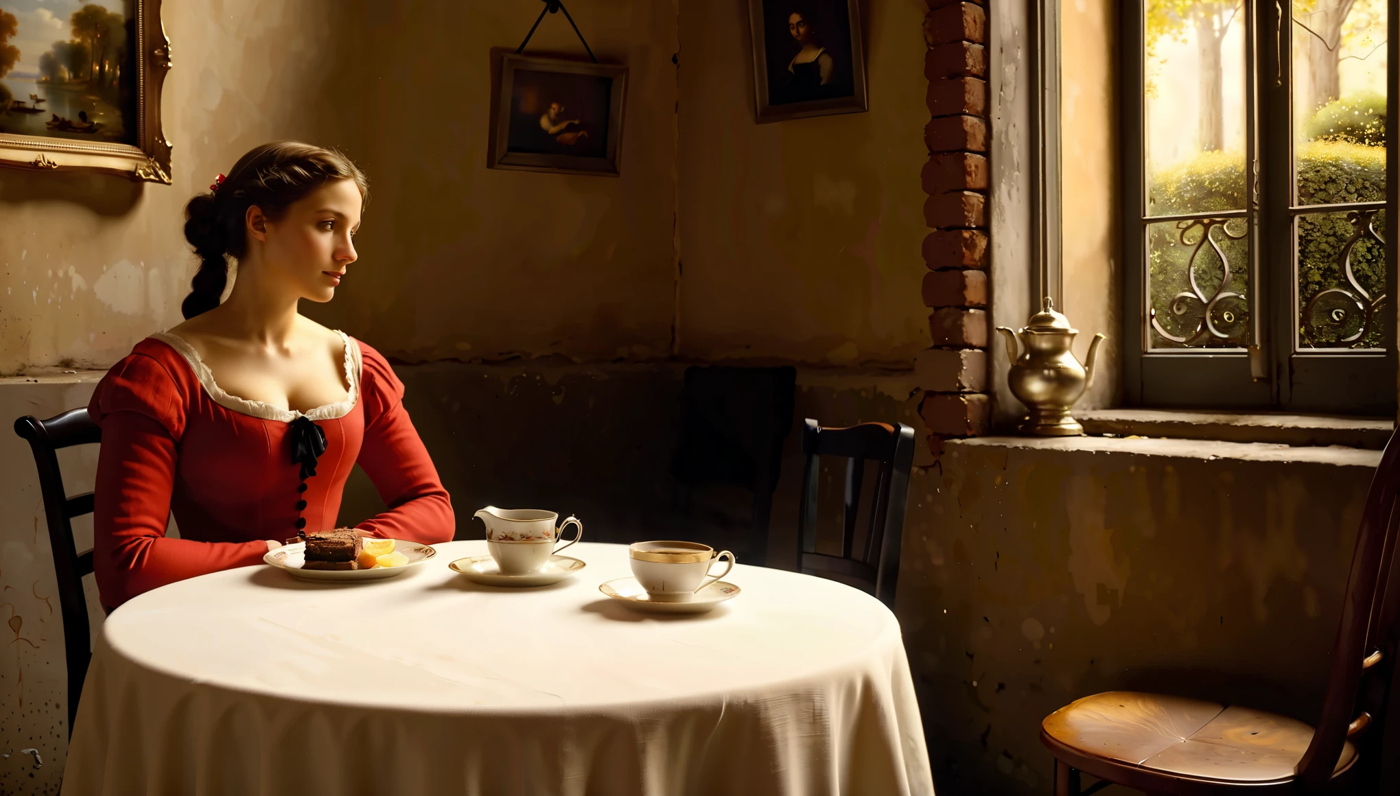 modern world, An oil painting in the style of Camille Corot depicts a 50-year-old woman in a very short, tight-fitting red dress with short, rare, light curly hair drinking hot tea, one leg crossed over the other. She is contemplating divorce from her husband. On the table, there is a plate with salad and a brownie. In the background, there are brick walls and vaults of a cozy, small, cramped café in Buenos Aires adorned with two paintings by the artist Camille Corot. There is one candle in a glass holder, with evening light streaming in through the window.