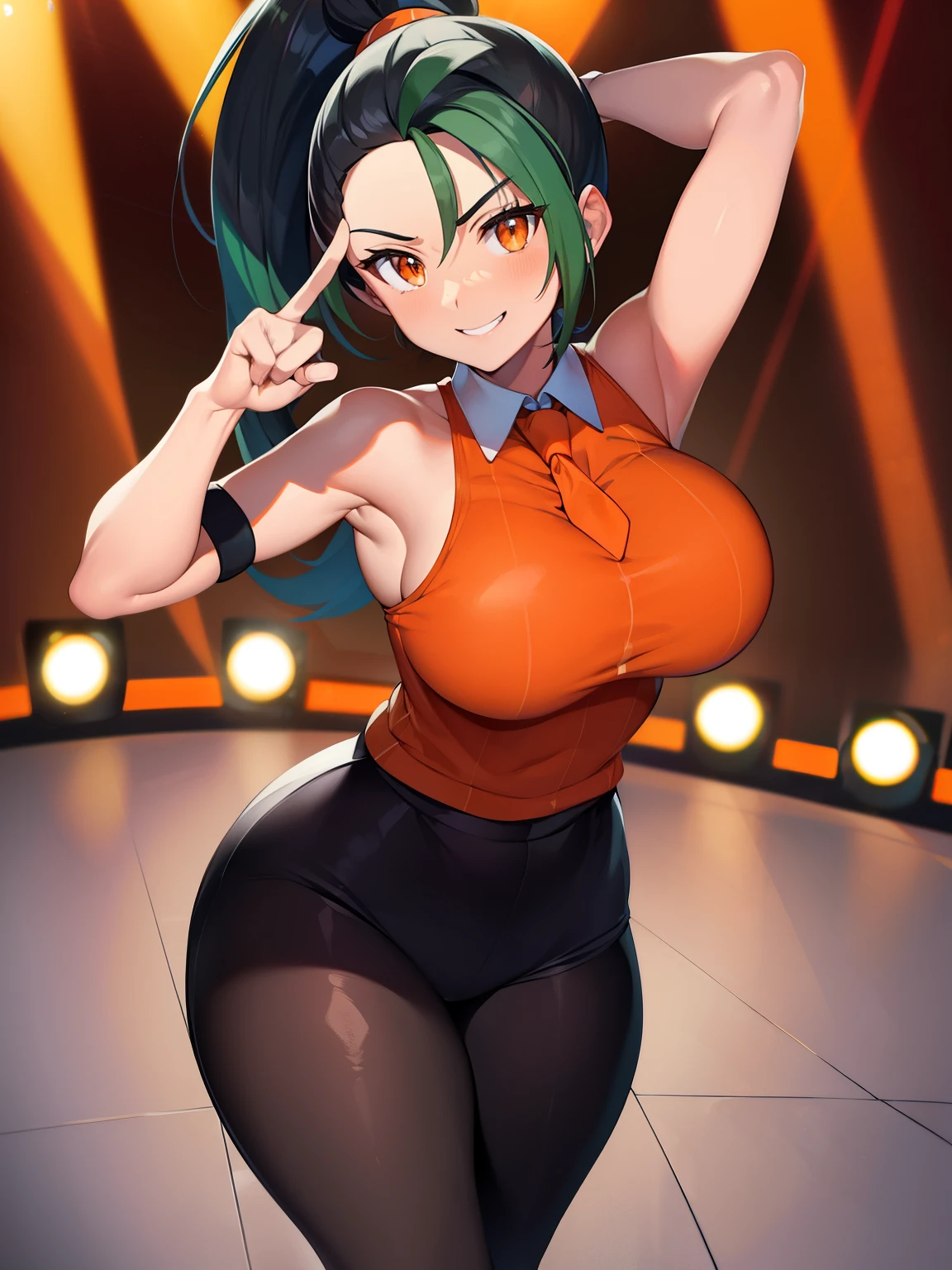 Pokémon、Nemo、big tits milf、big tits milf、big  milf、solo、Nemona、long hair、orange eyes、ponytail、look at viewer、black pantyhose、gloves、orange tie、orange shorts、short sleeve、、stage、Stage Lights、Spotlight、peace sign、dutch angle、smile